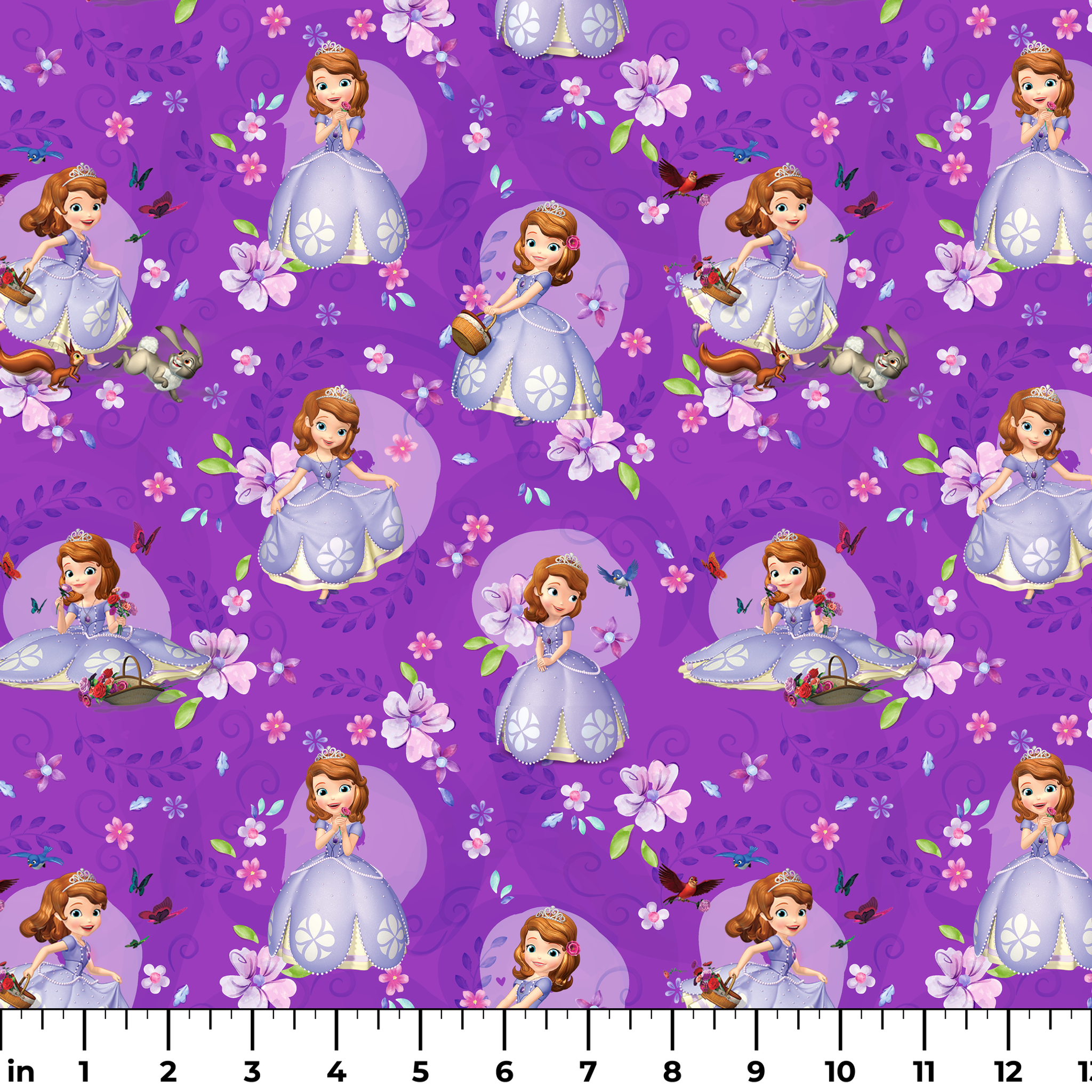 Purple background with repeating pattern of Sofia character in lavender dress surrounded by pink flowers and circular accents ruler