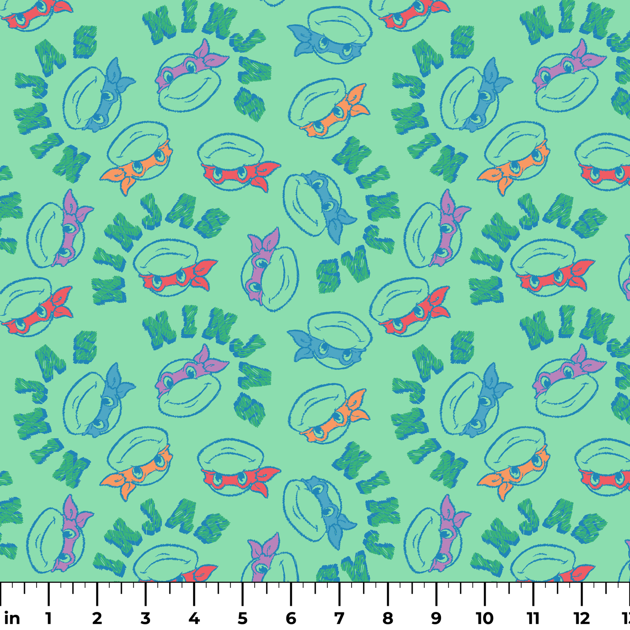 Pattern of Teenage Mutant Ninja Turtles with colored masks in blue, red, and purple on mint green background ruler