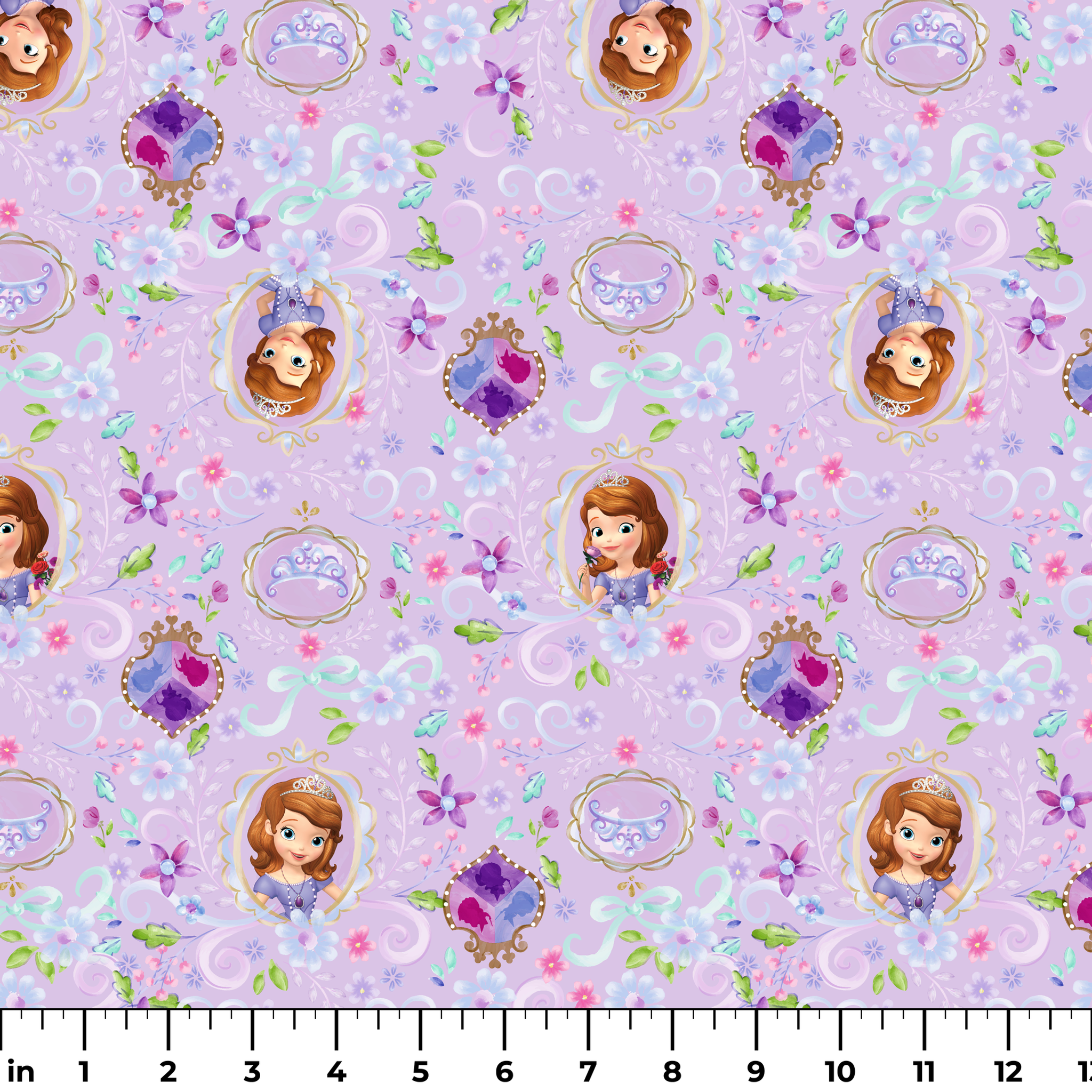 Princess Sofia pattern with purple flowers and swirls on lavender background ruler