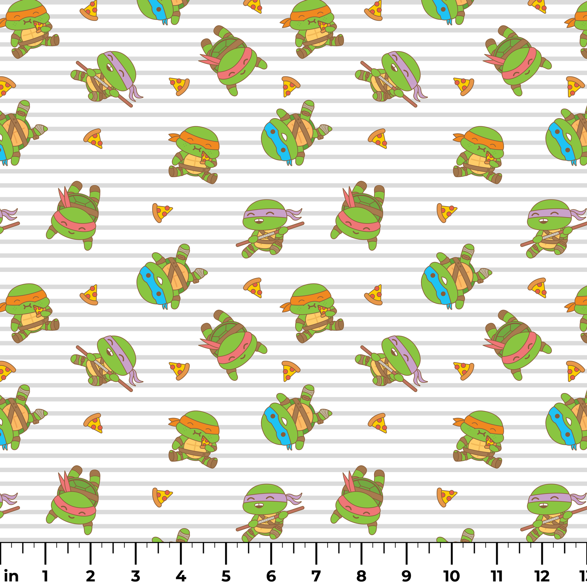 Teenage Mutant Ninja Turtles in various poses with pizza slices on gray striped background ruler