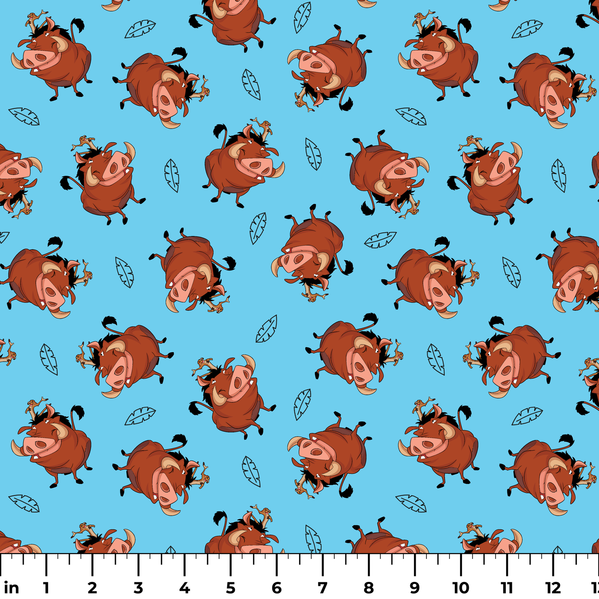 Cheerful Lion King characters with flower crowns dancing on light blue background with leaf patterns ruler