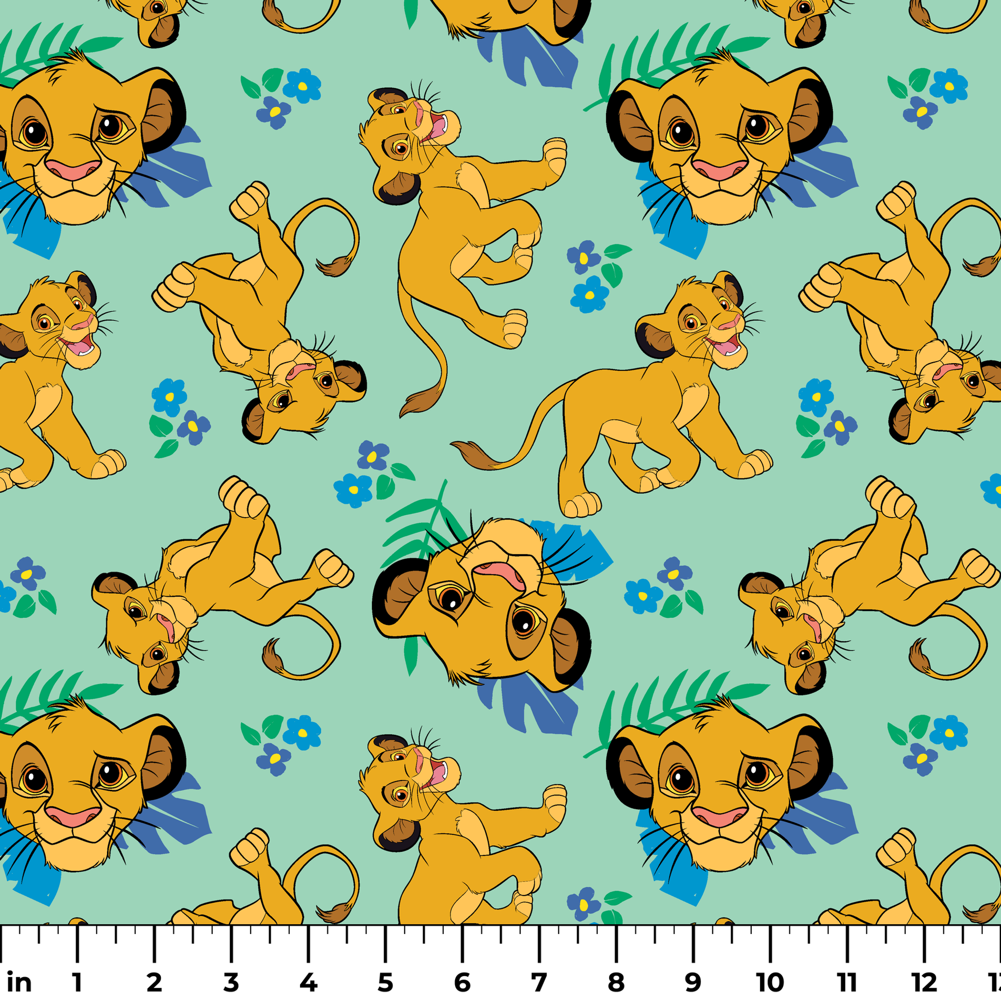 Cartoon lion cubs playing on mint green background with blue flowers and green leaves pattern ruler