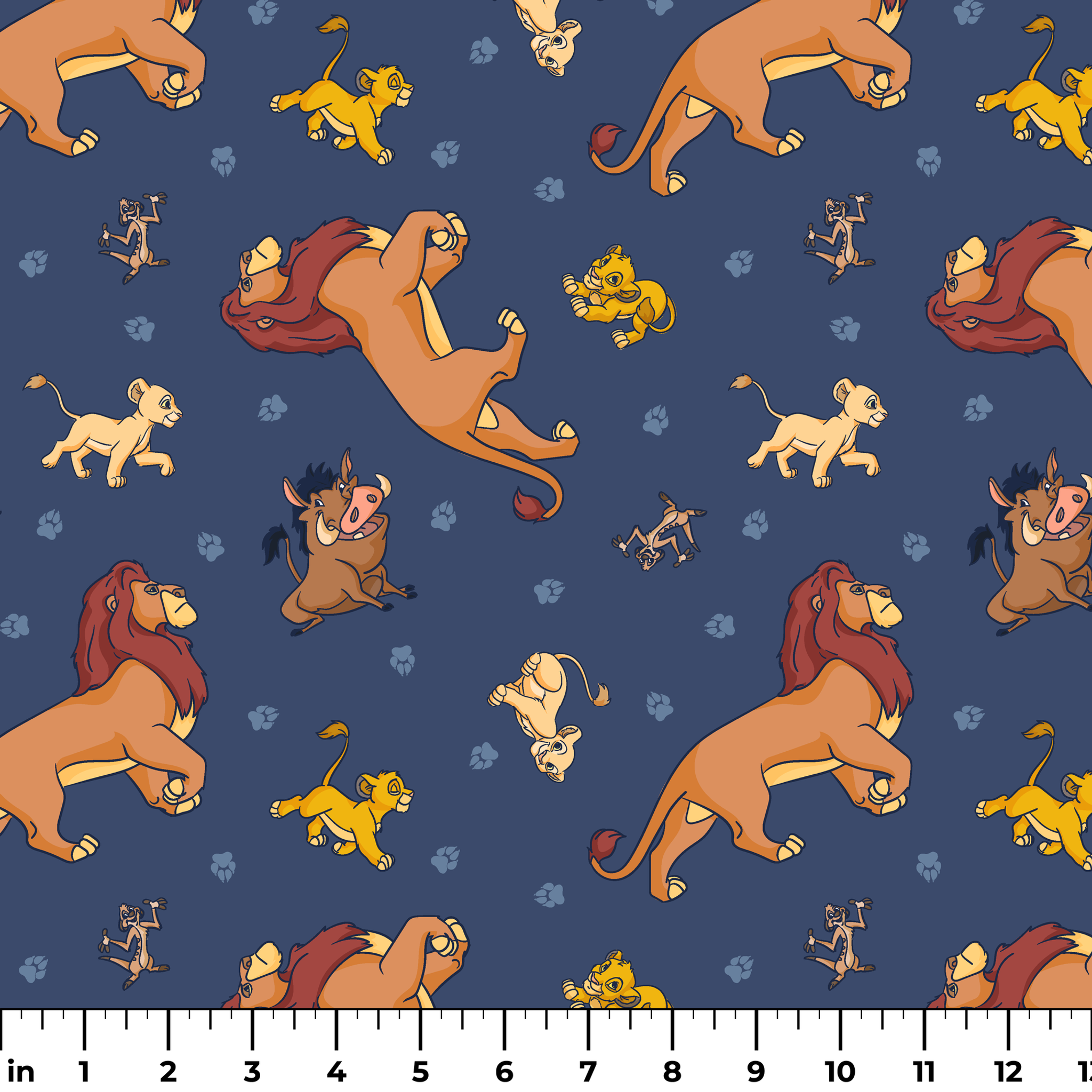 Colorful cartoon lions and characters from The Lion King scattered on dark blue background with paw prints ruler