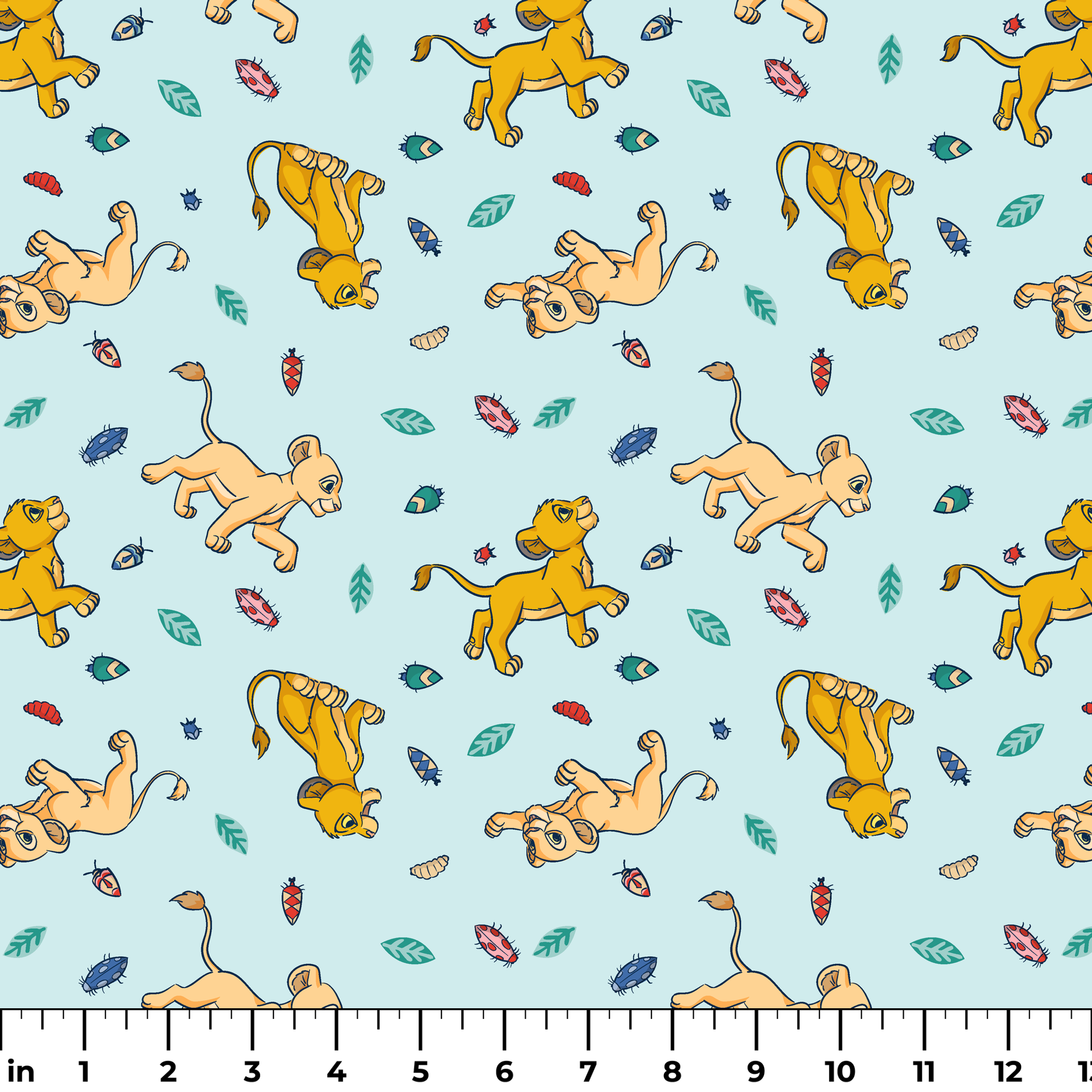 Lion cubs playing on light blue background with colorful leaves and plant elements scattered throughout ruler