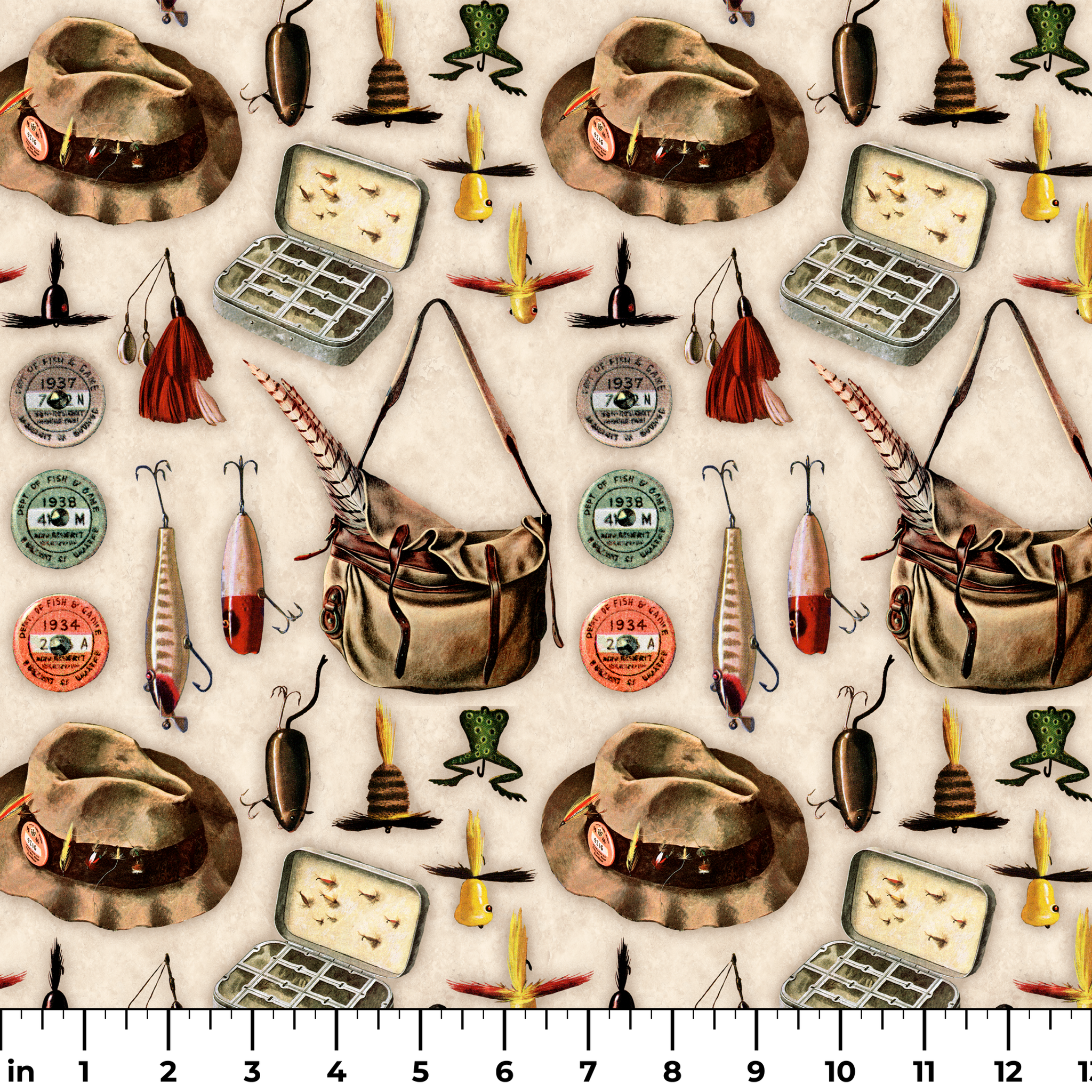 Vintage fishing gear illustration with tackle box, hat, lures, reels, and canvas bag on beige background ruler