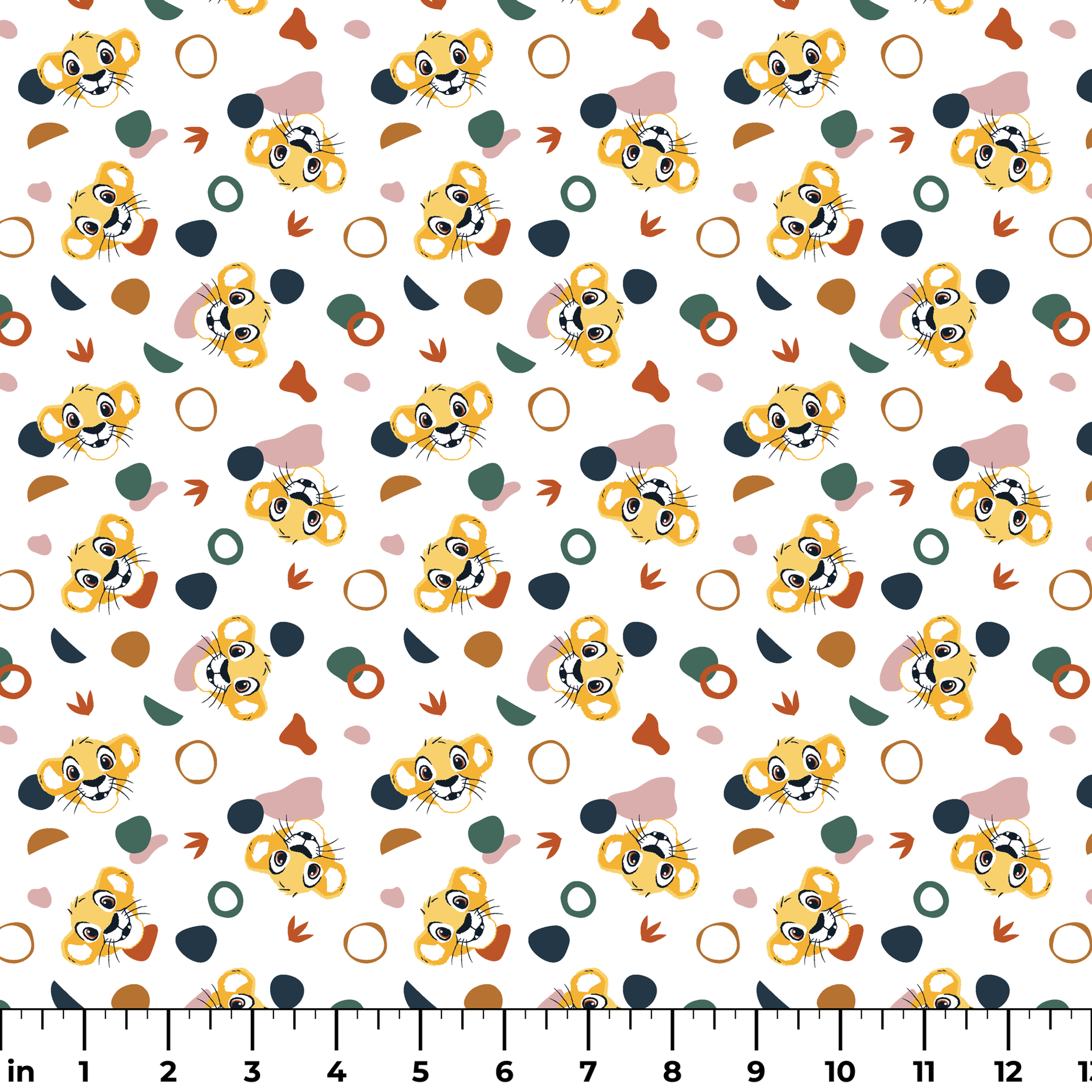 Cute Lion King characters with colorful abstract shapes in pink, teal, brown, and navy on white ruler