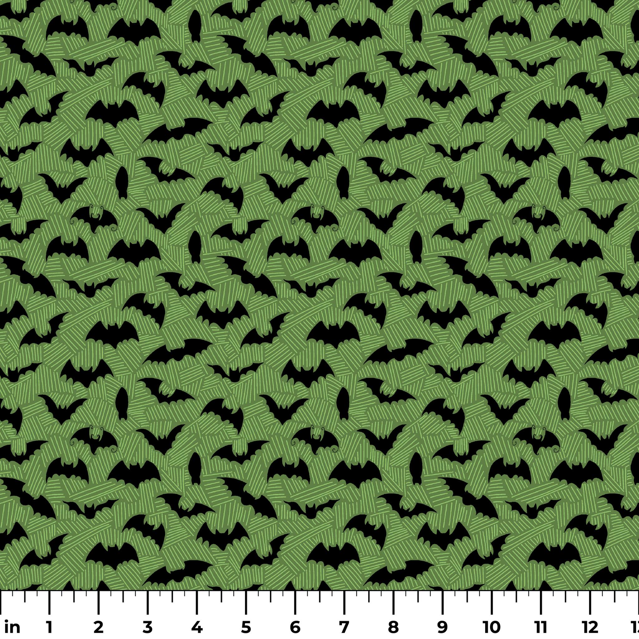Black bat silhouettes scattered across a green textured background with zigzag pattern ruler