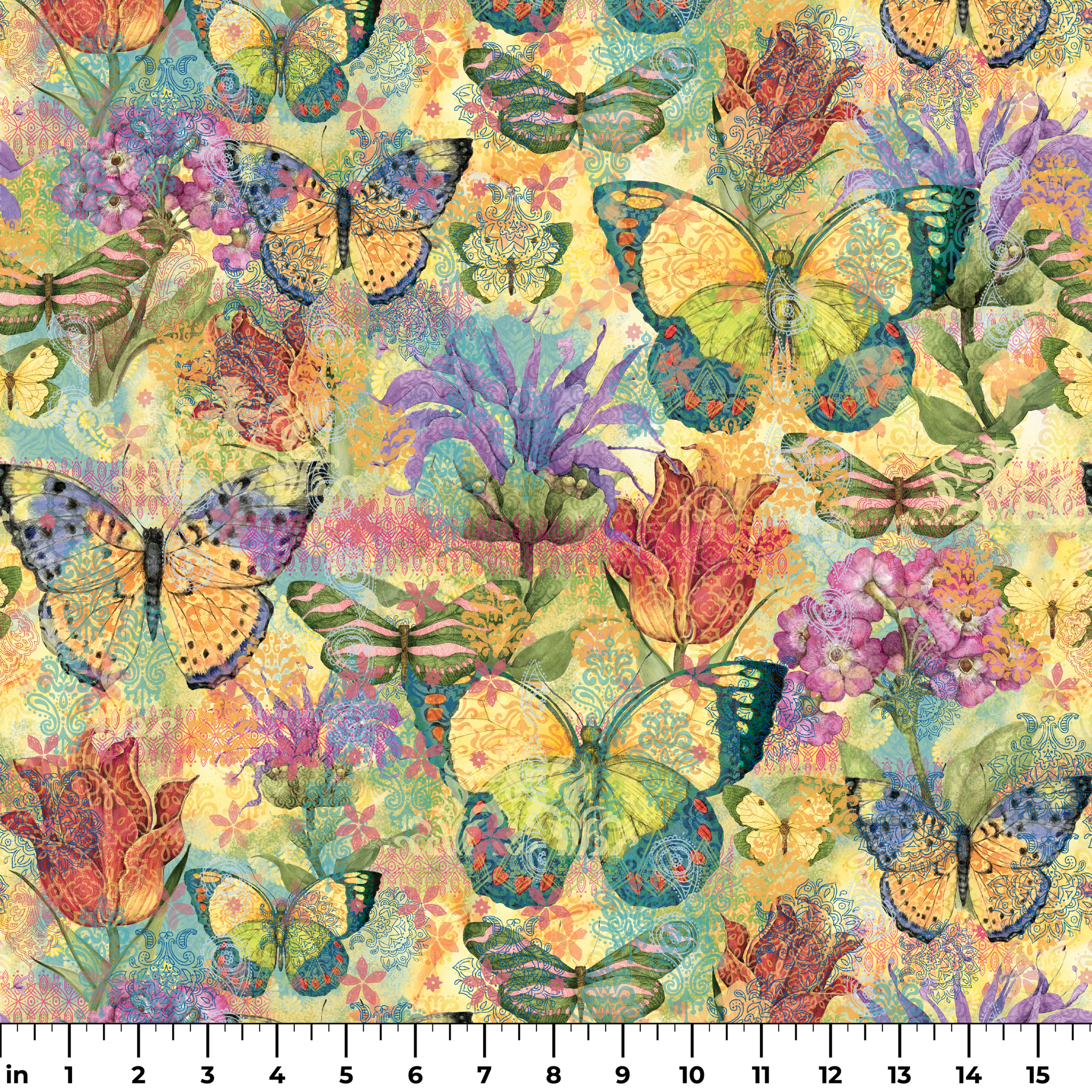 Colorful pattern of butterflies and flowers in vibrant yellows, purples, and reds with watercolor texture ruler