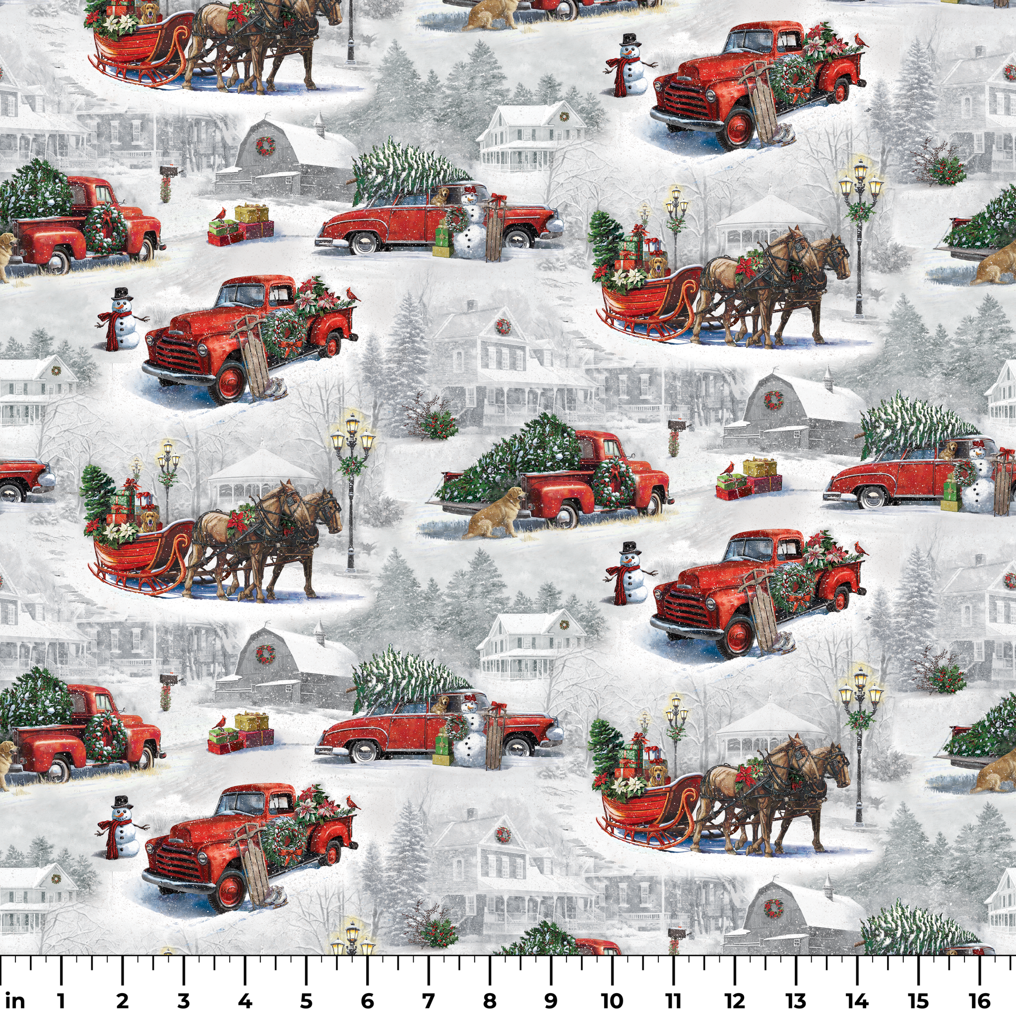 Christmas pattern with vintage red trucks, horse-drawn sleighs, and pine trees in snowy winter landscape ruler