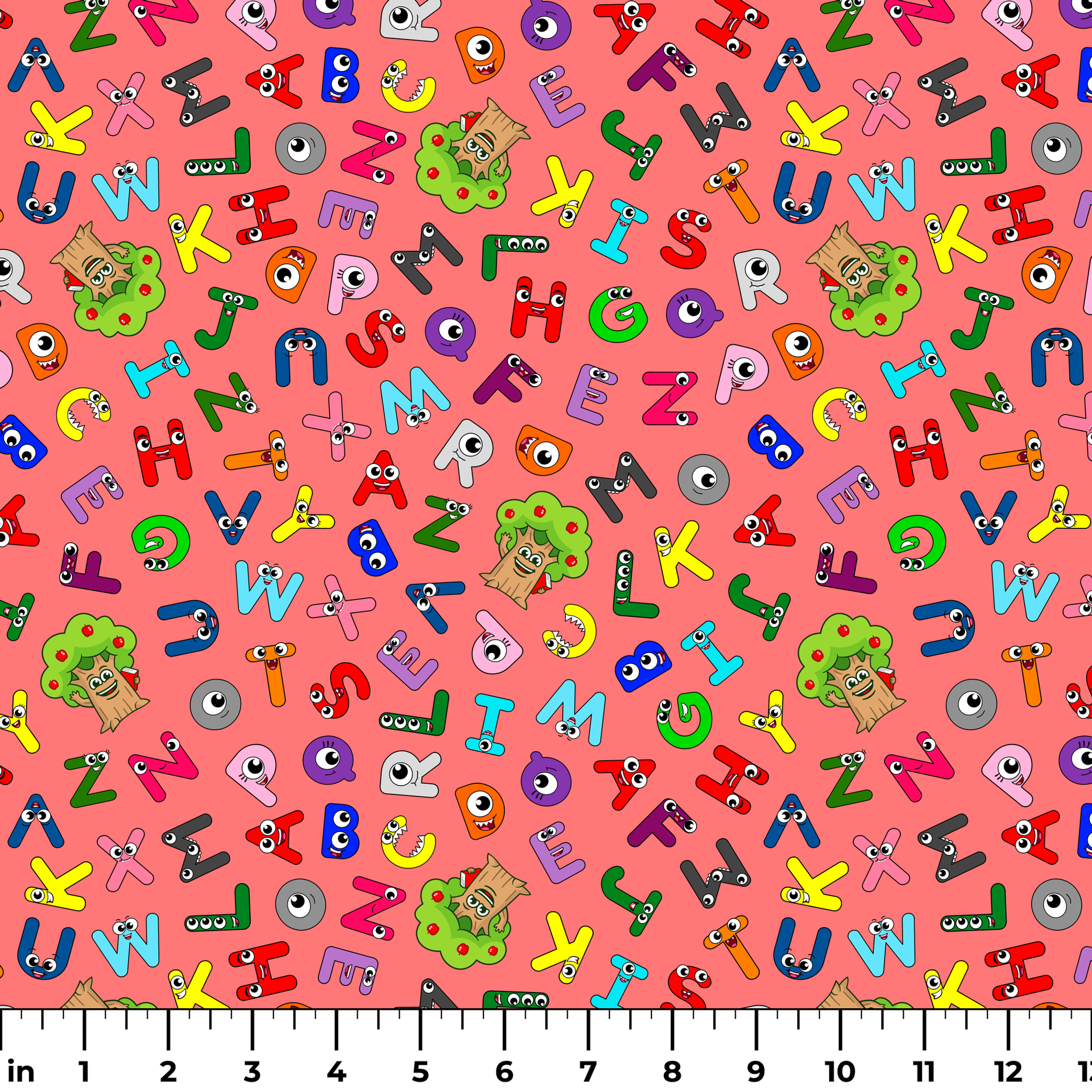 Colorful alphabet pattern with cartoon letter characters on bright pink background ruler
