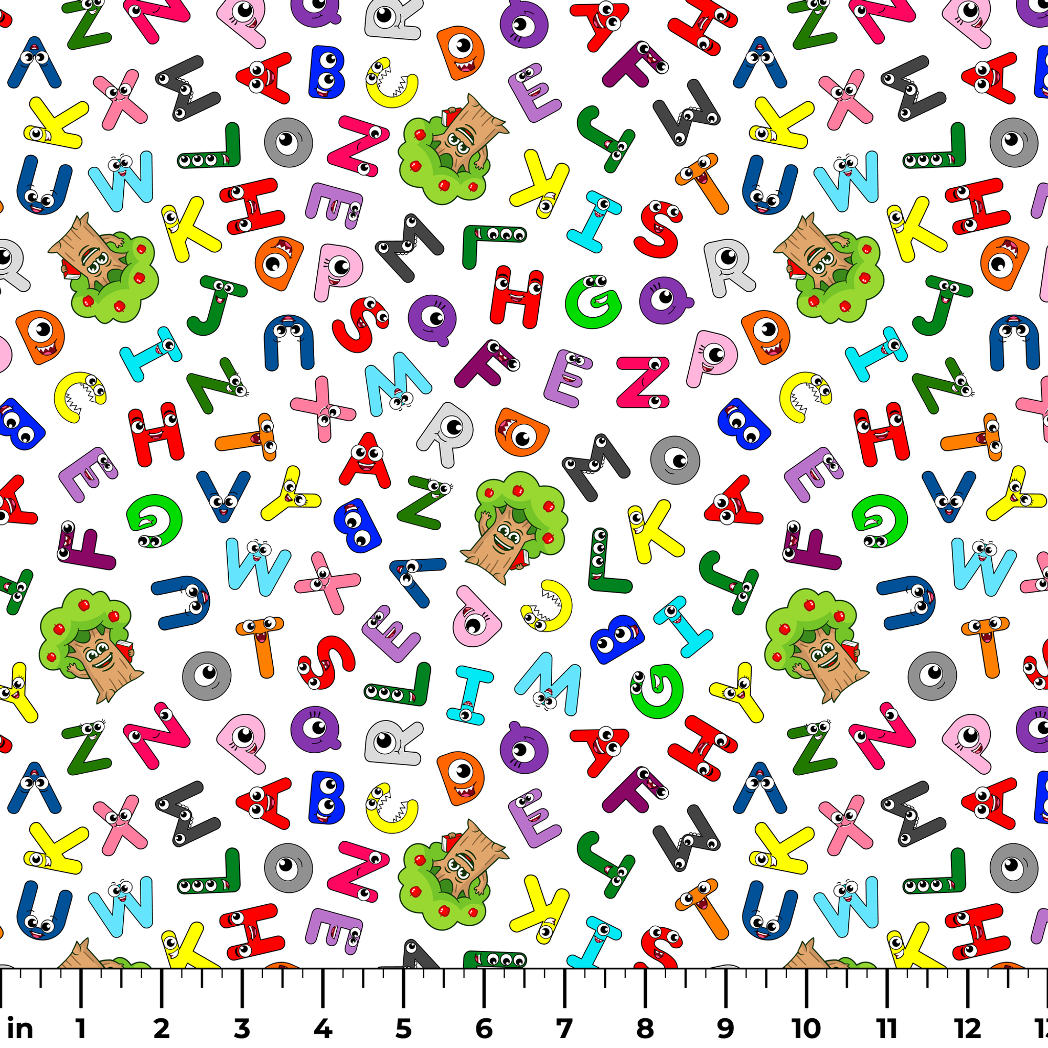 Colorful cartoon alphabet letters scattered randomly on white background with small monster characters ruler