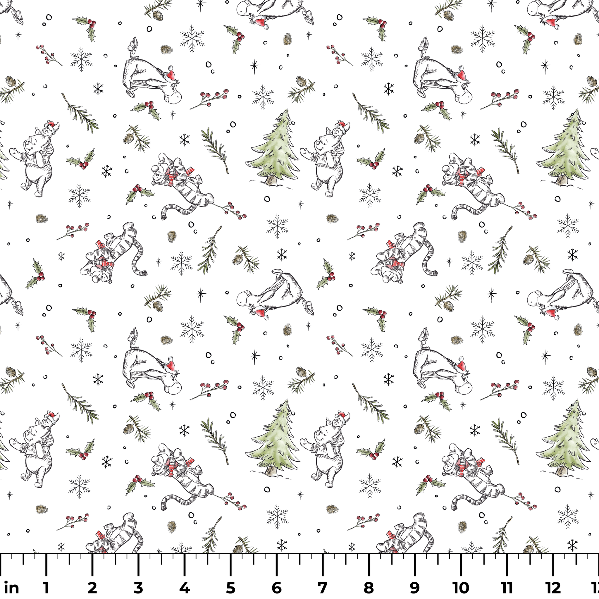 Delicate white winter pattern with cartoon mice, pine trees, holly berries, and snowflakes ruler