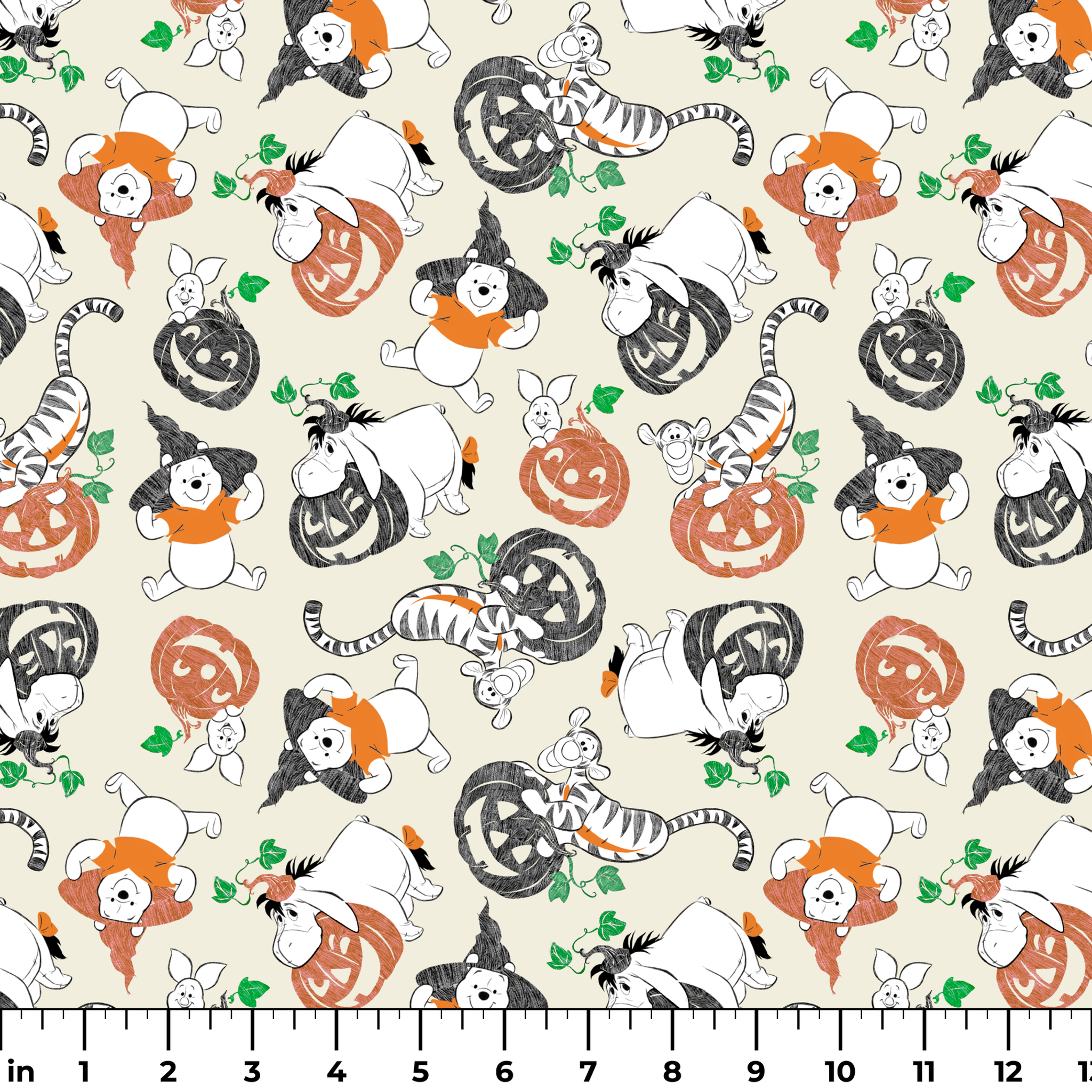 Whimsical Halloween pattern with cartoon ghosts, pumpkins, cats, and bears on cream background ruler