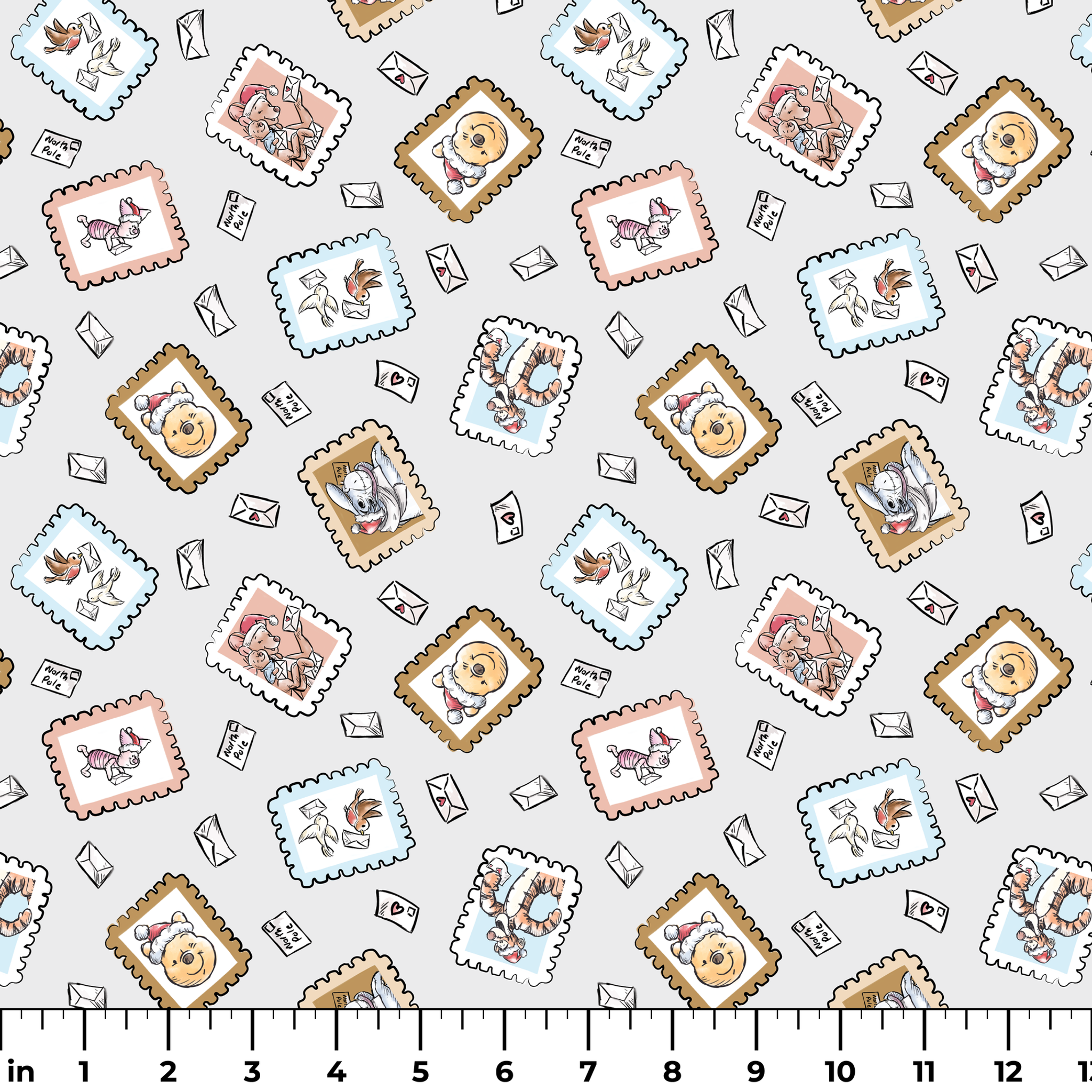 Vintage-style postage stamps with fairy tale illustrations on a light gray background with envelo... ruler