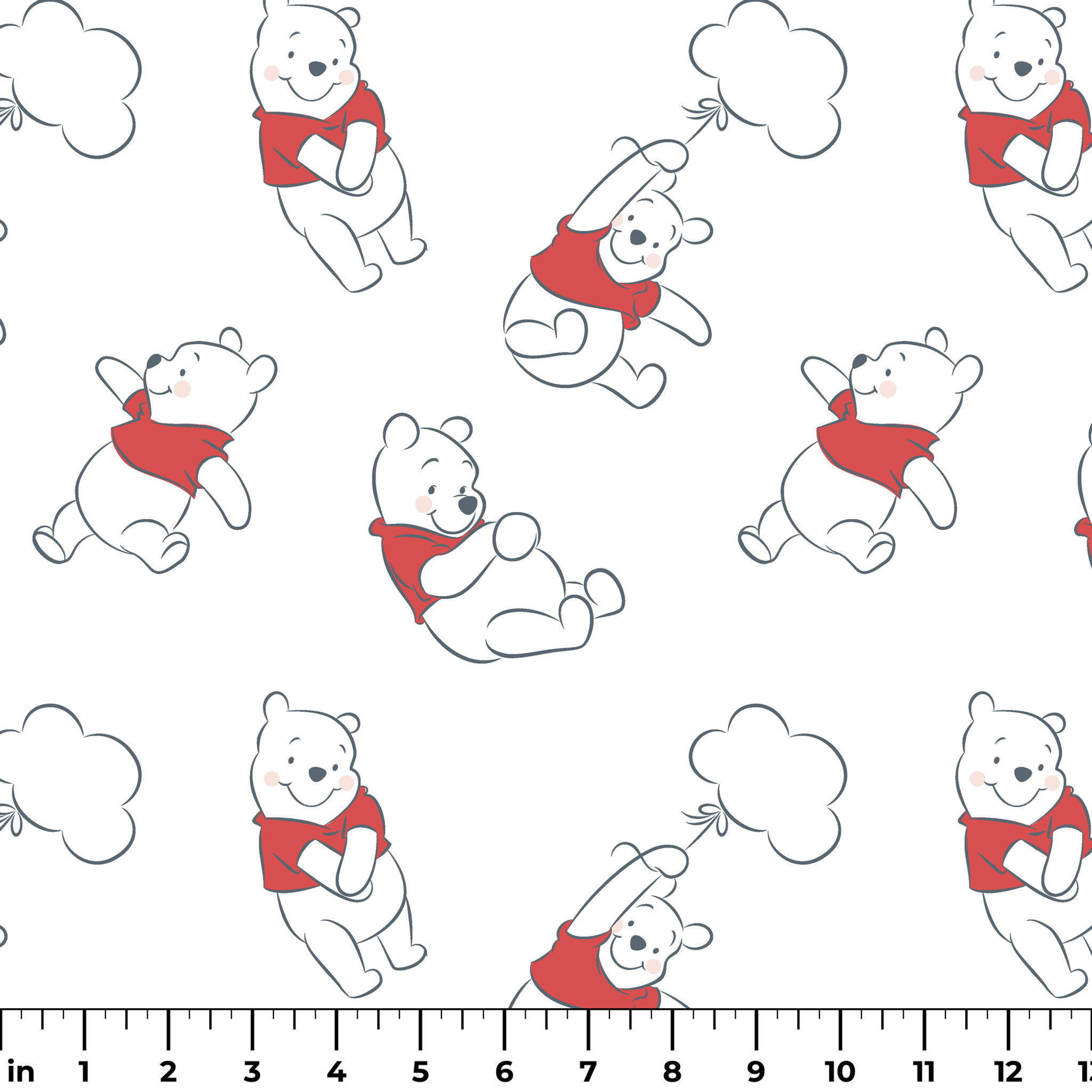 Illustration pattern of Winnie the Pooh in different poses wearing a red shirt on white background ruler