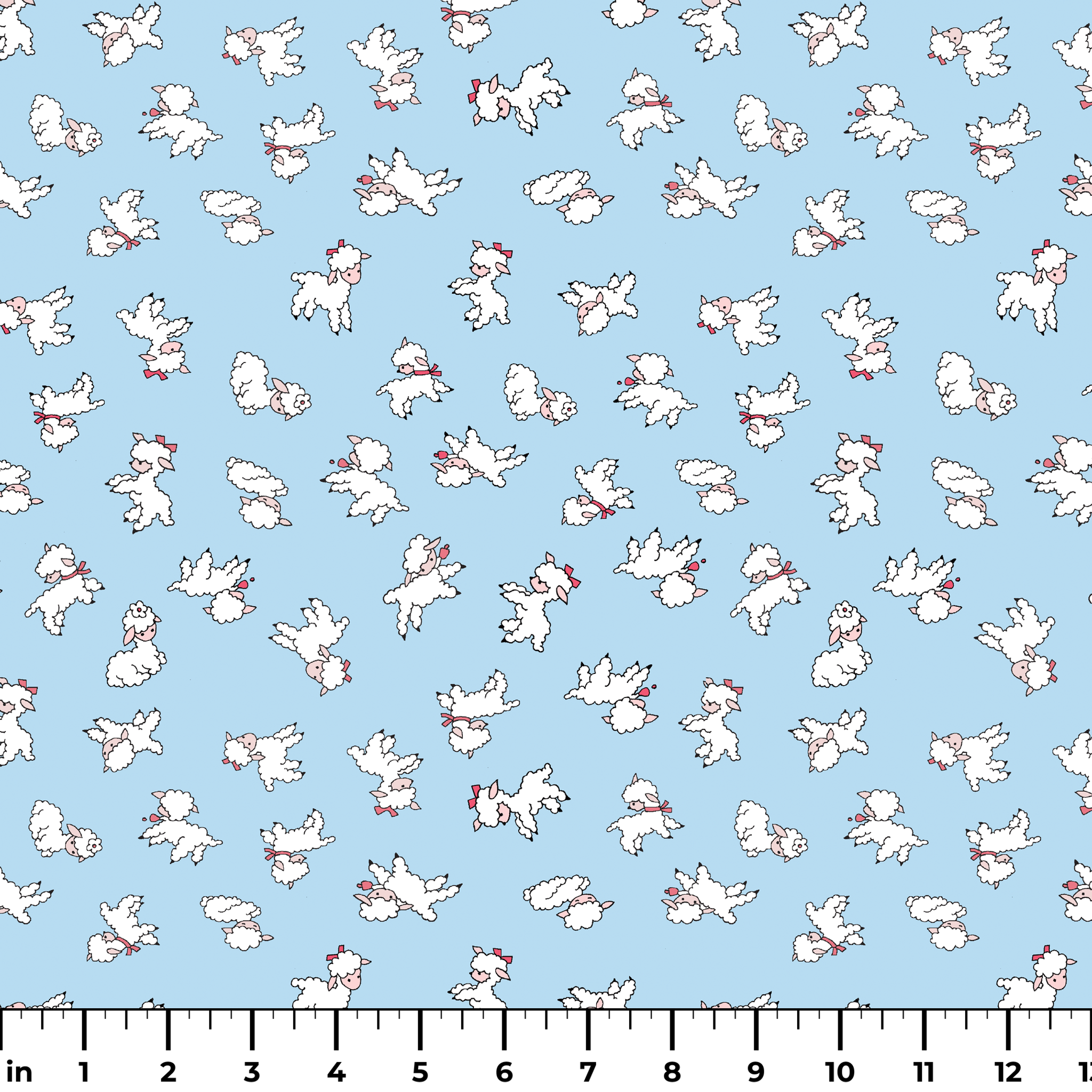 Playful white lambs pattern on light blue background with simple cartoon style illustration ruler