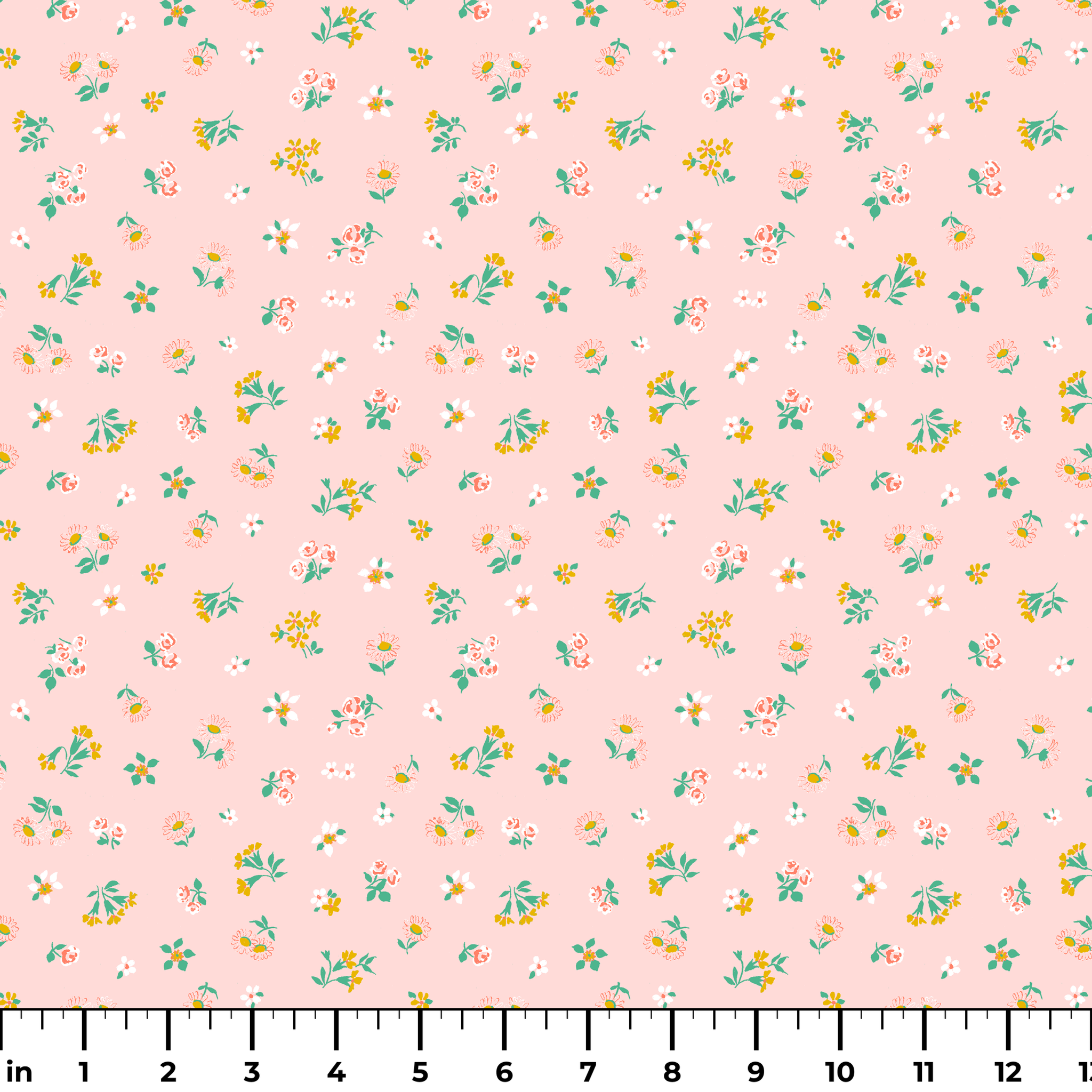 Small floral pattern on pink background with white daisies and yellow, blue, and pink flowers ruler