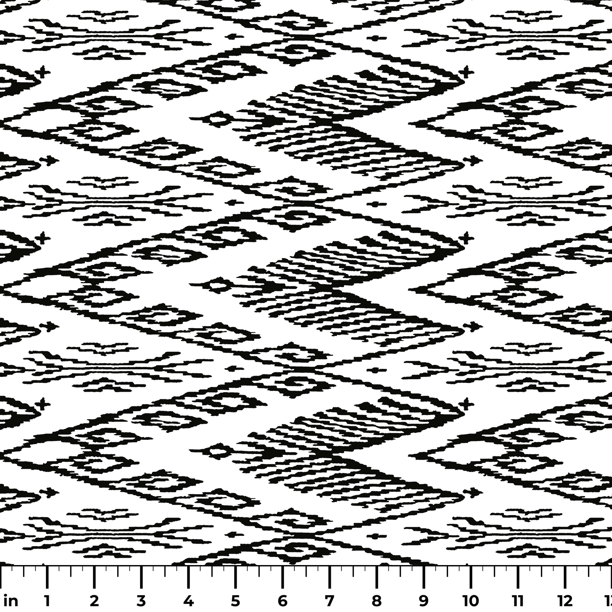 Black and white geometric pattern with diamond shapes and zigzag motifs on a textile surface ruler