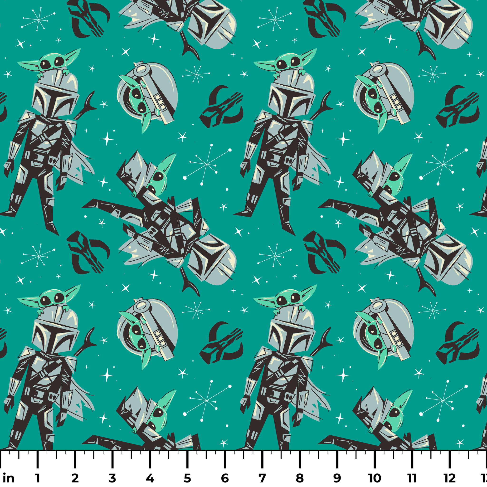 Cartoon-style Star Wars pattern with Baby Yoda and Mandalorian figures on teal background with stars ruler