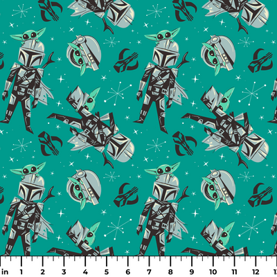 Cartoon-style Star Wars pattern with Baby Yoda and Mandalorian figures on teal background with stars ruler