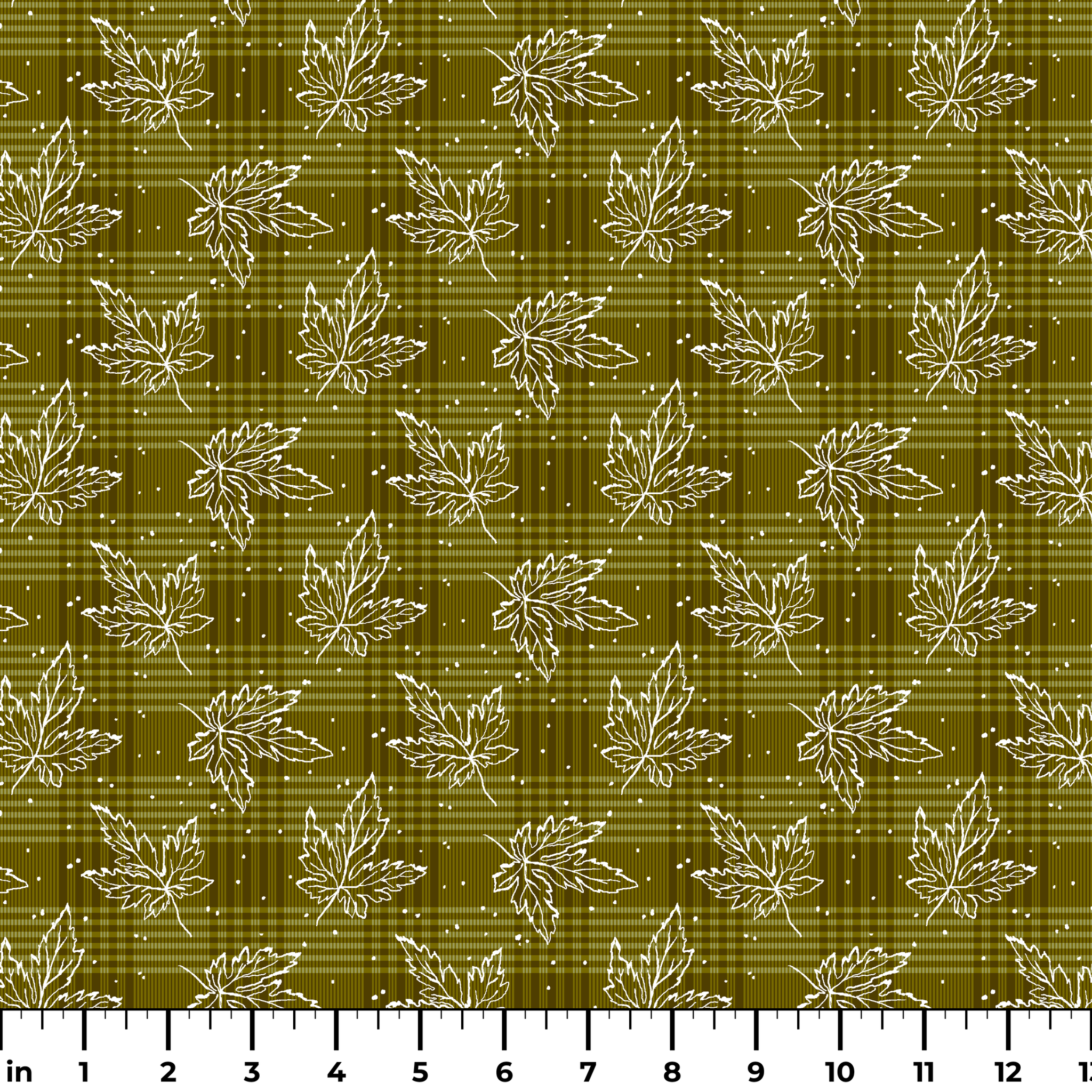 Olive green plaid pattern with scattered white outline maple leaves and small dots ruler