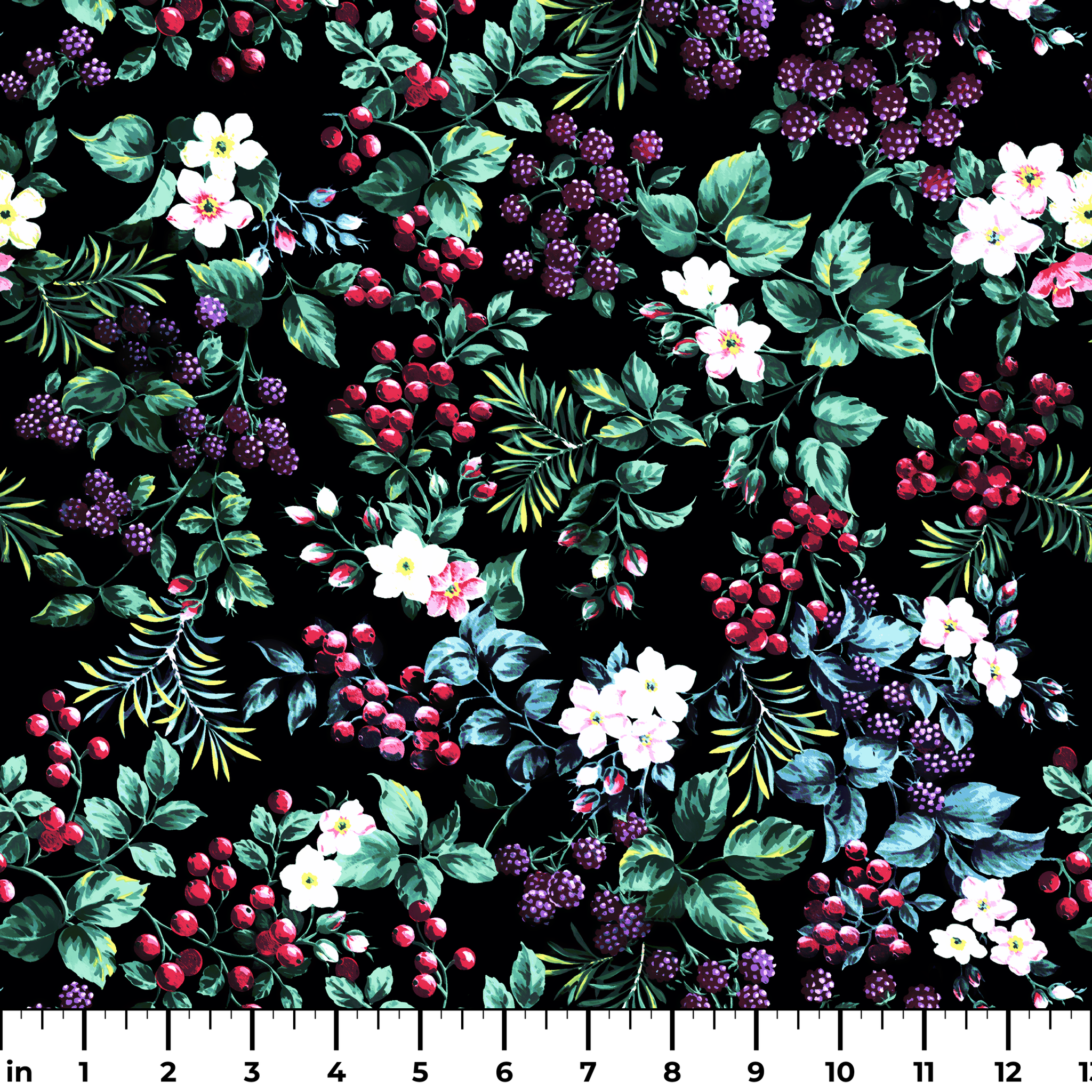 Colorful botanical pattern with white flowers, red cherries, purple blackberries, and green leaves on black background ruler