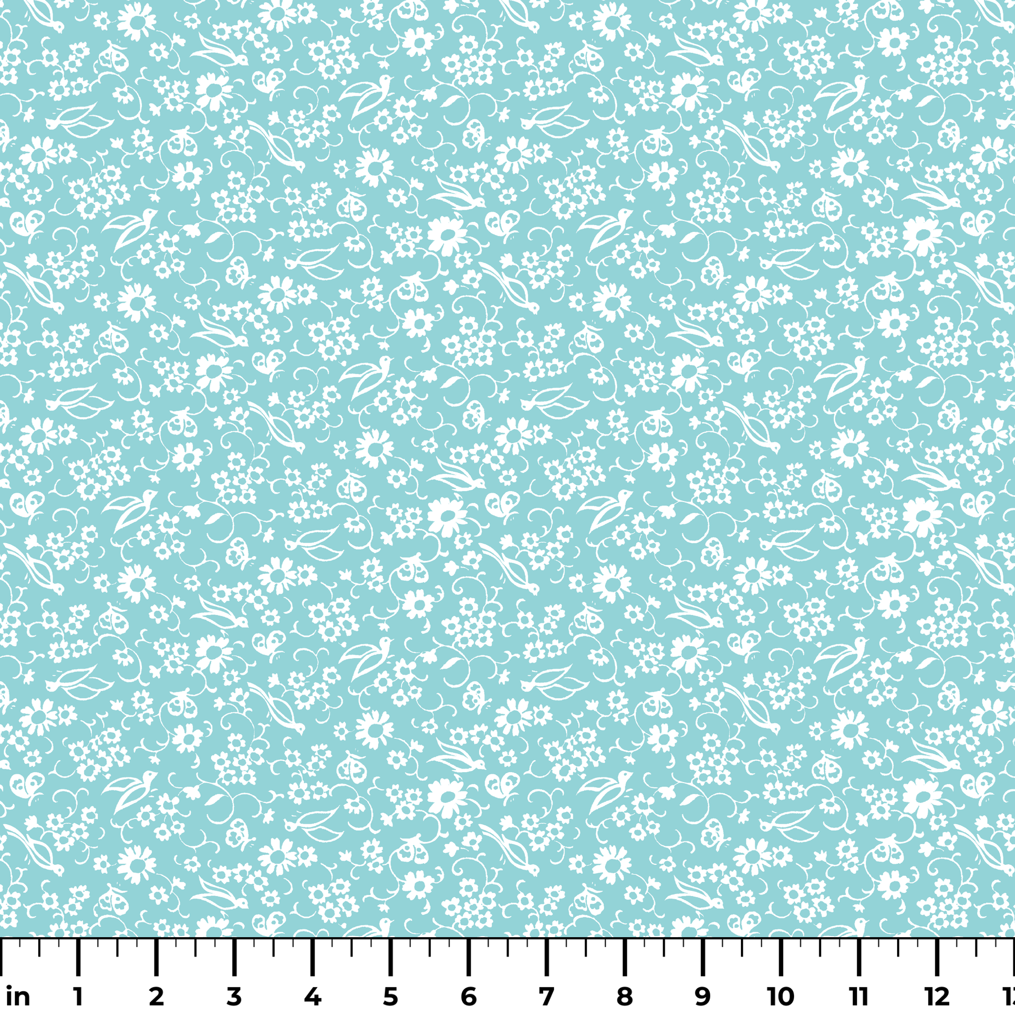 Delicate white floral pattern on a soft turquoise background with swirling leaf motifs ruler