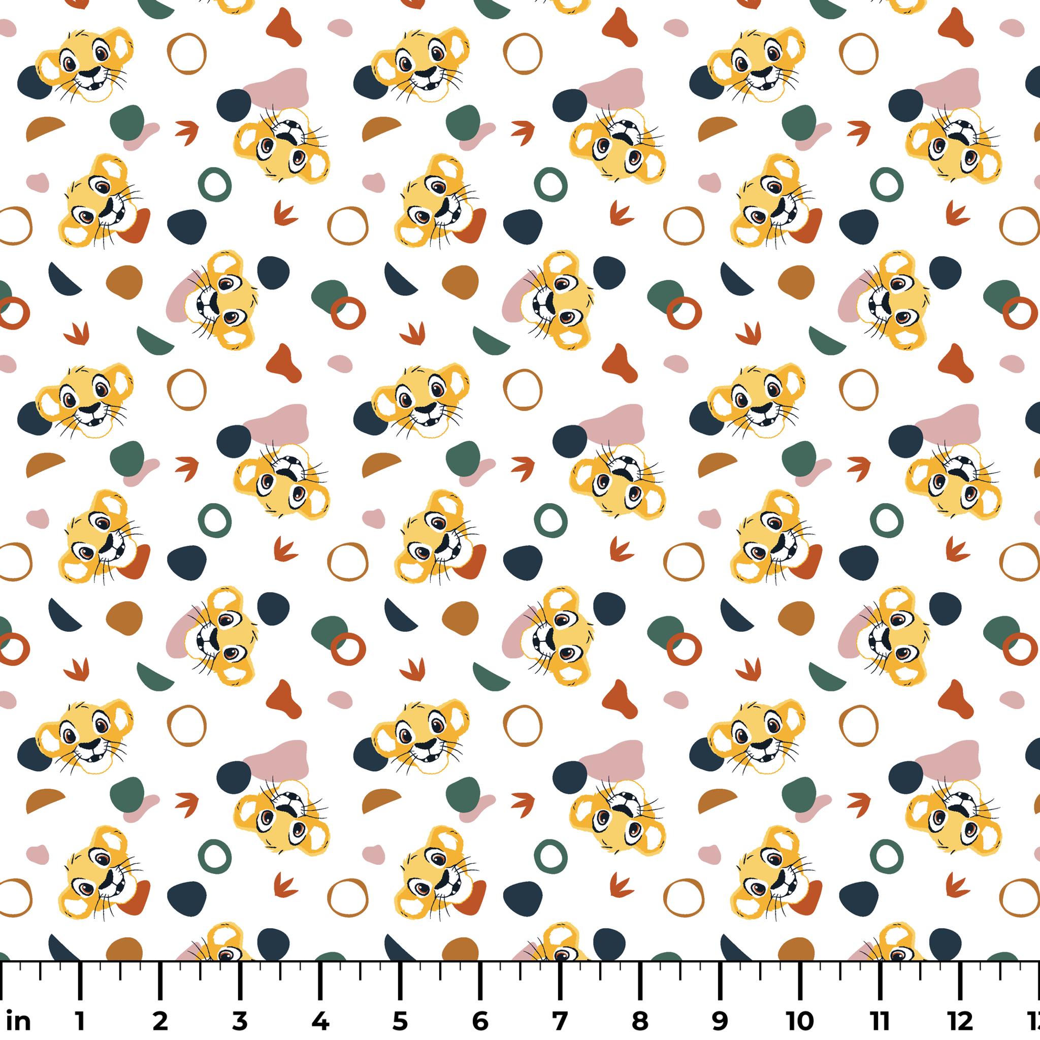 Cute Lion King characters with colorful abstract shapes in pink, teal, brown, and navy on white ruler
