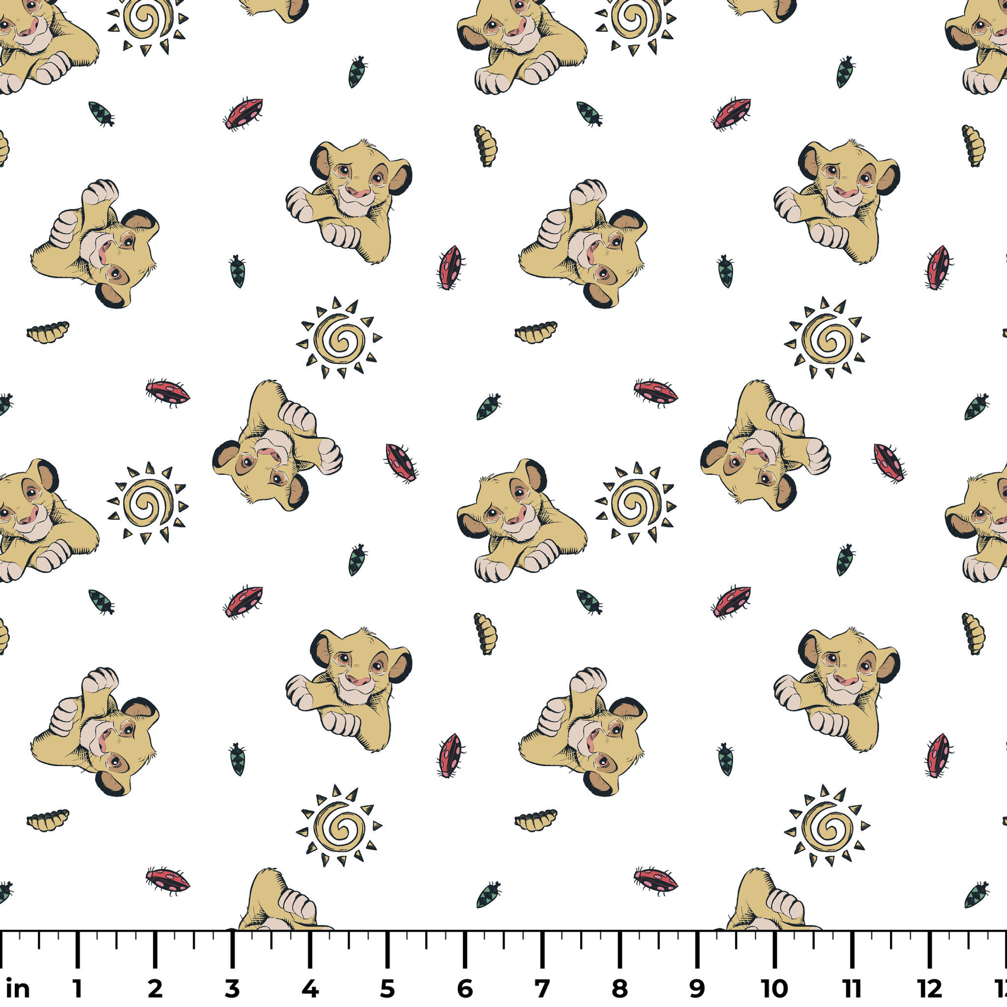 Cute cartoon lion cubs pattern with suns and leaves on white background ruler