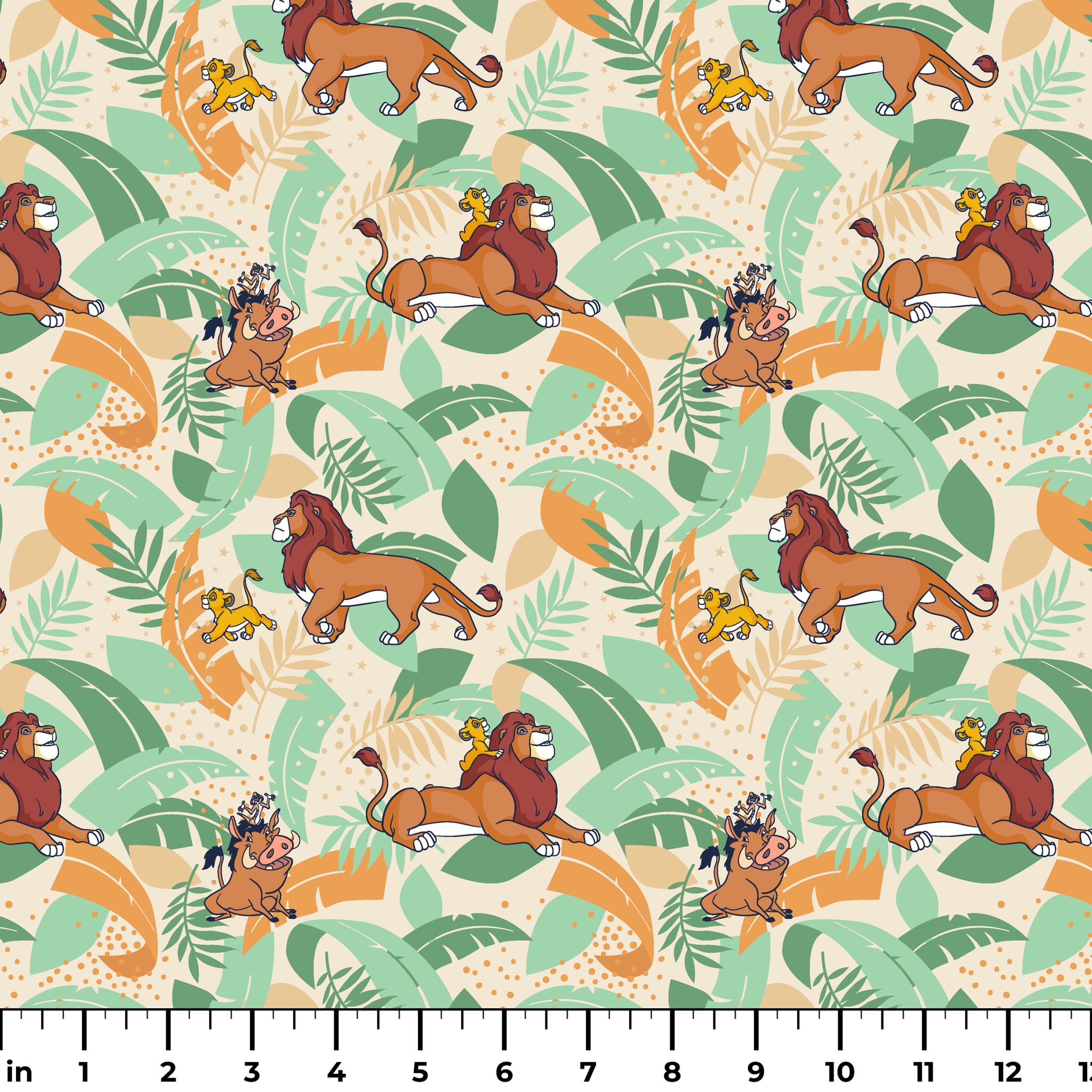 Lion King-inspired pattern with lions and jungle animals amid colorful tropical leaves on cream background ruler