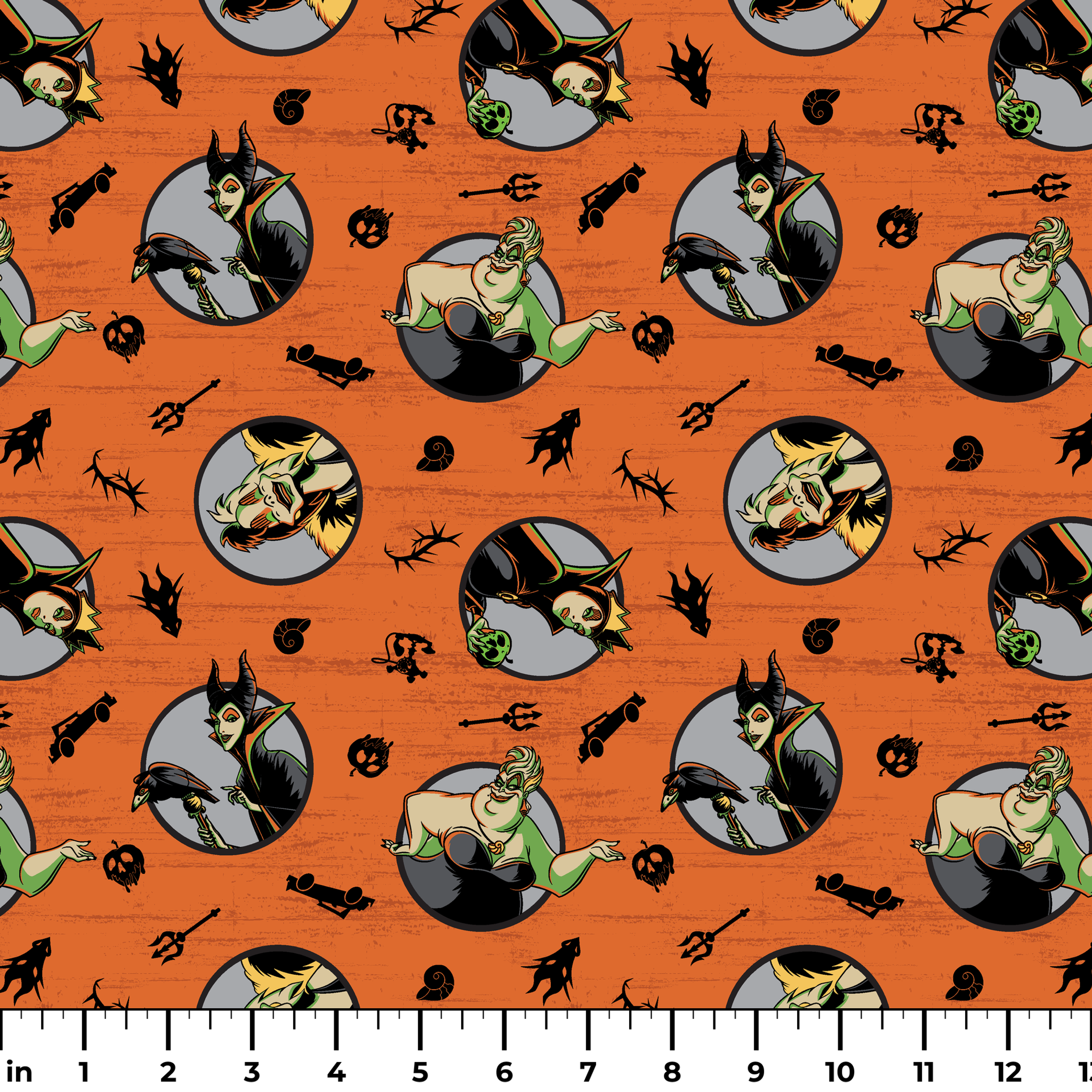 Halloween-themed orange pattern with circular Disney Villain portraits, black cats, bats, pumpkins, and spooky symbols ruler