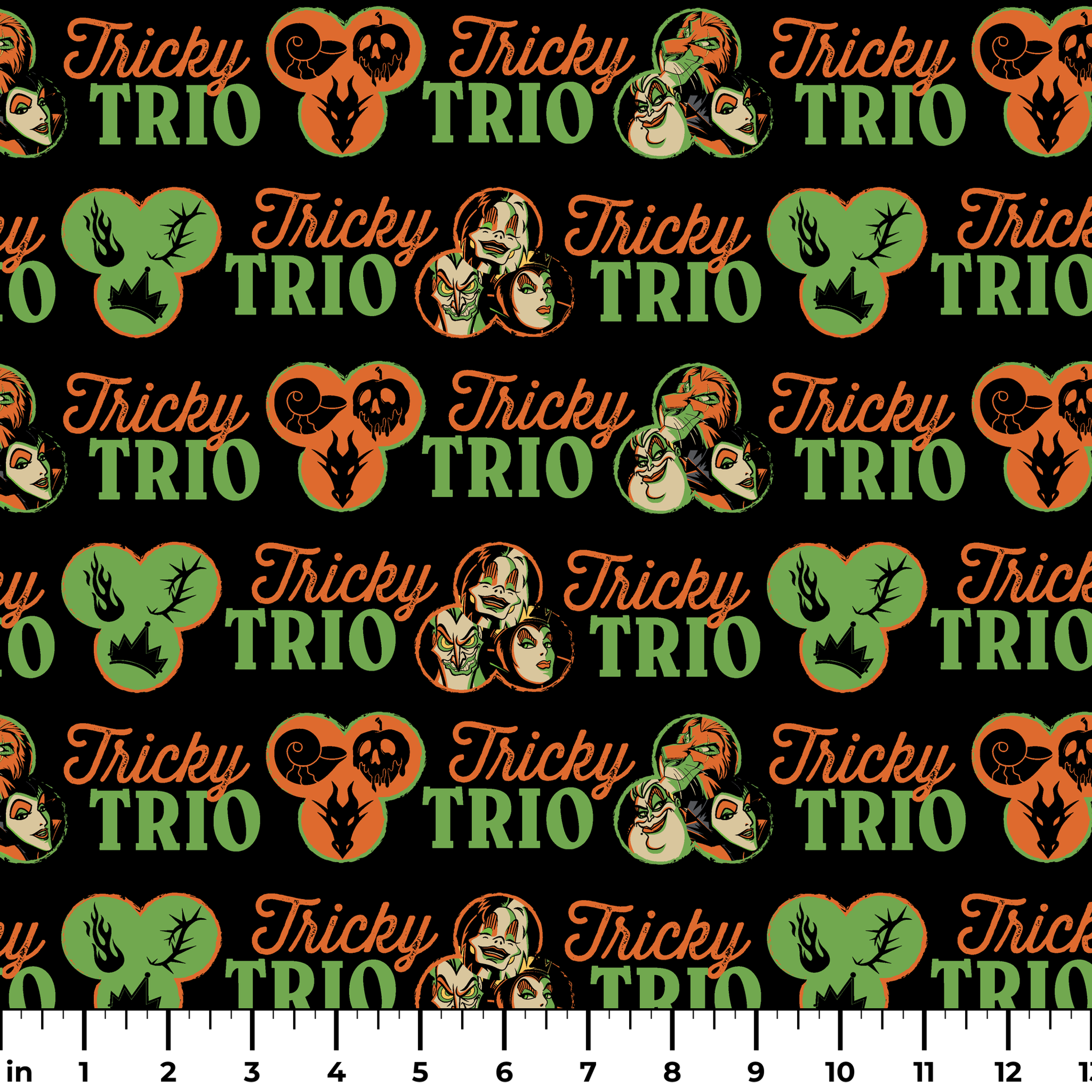 Disney Halloween pattern with "Tricky TRIO" text in orange and green, featuring Disney Villains, pumpkins, and ghostly designs on black background ruler
