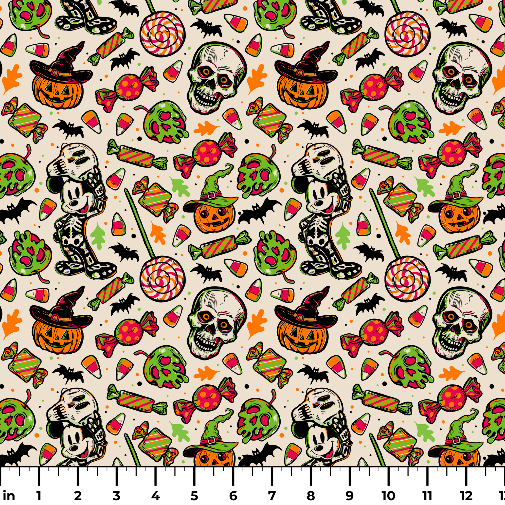 Halloween pattern with skulls, pumpkins, candy corn, wrapped candies, lollipops, bats, and autumn leaves on cream background ruler