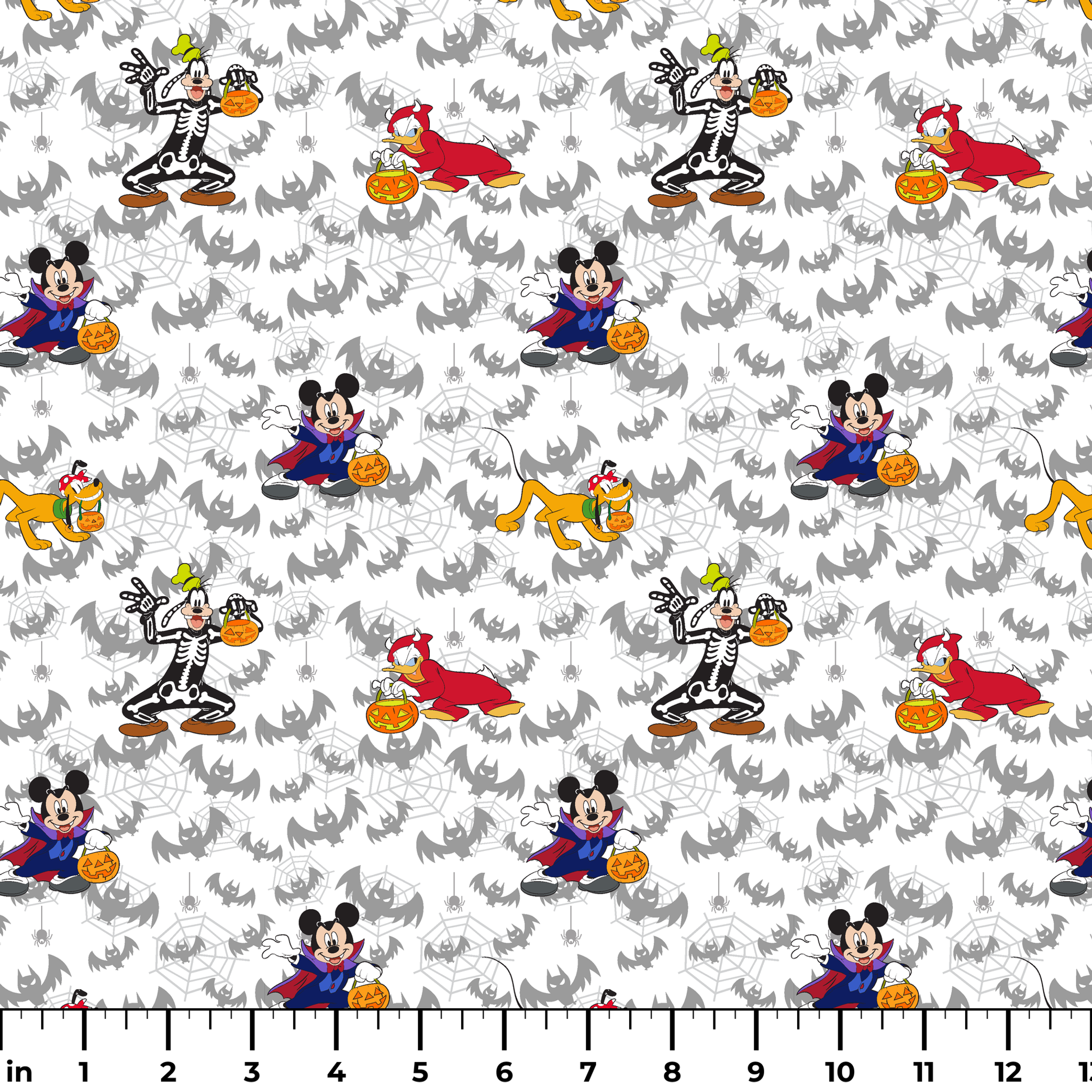 Disney cartoon characters in Halloween costumes with pumpkins on bat pattern background ruler