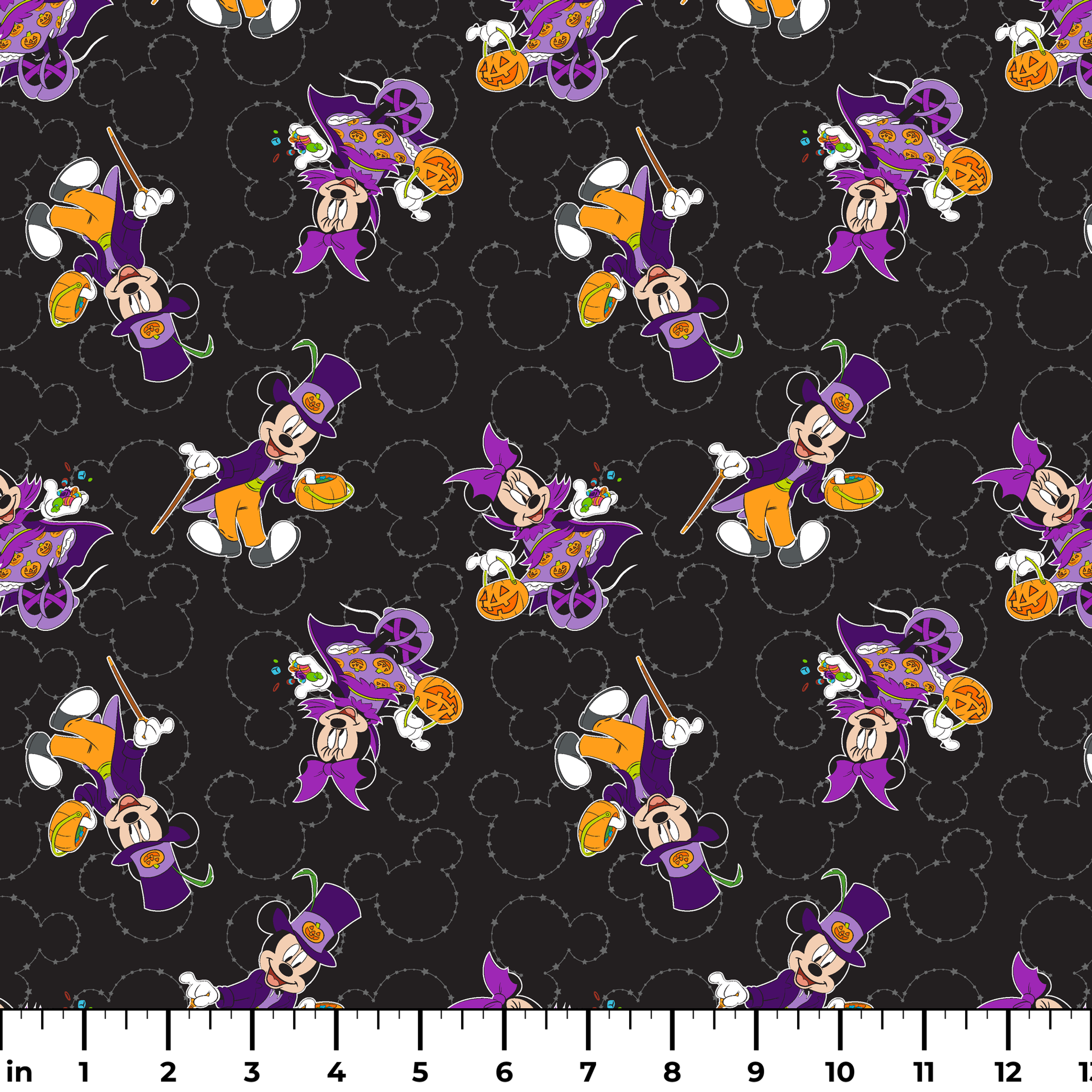 Mickey and Minnie in Halloween costumes on black background with purple, orange, and white details in a scattered pattern ruler