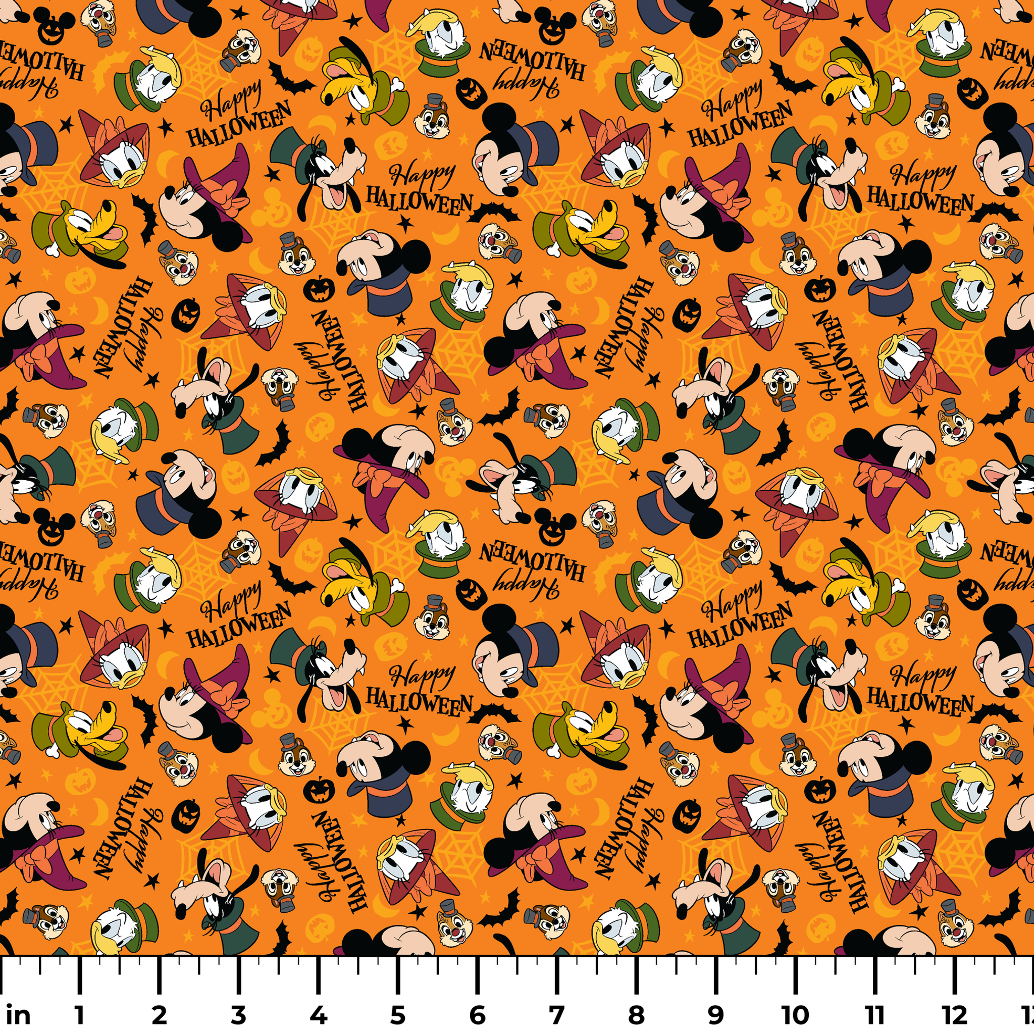 Disney characters in Halloween costumes on orange background with pumpkins and "Happy Halloween" text ruler