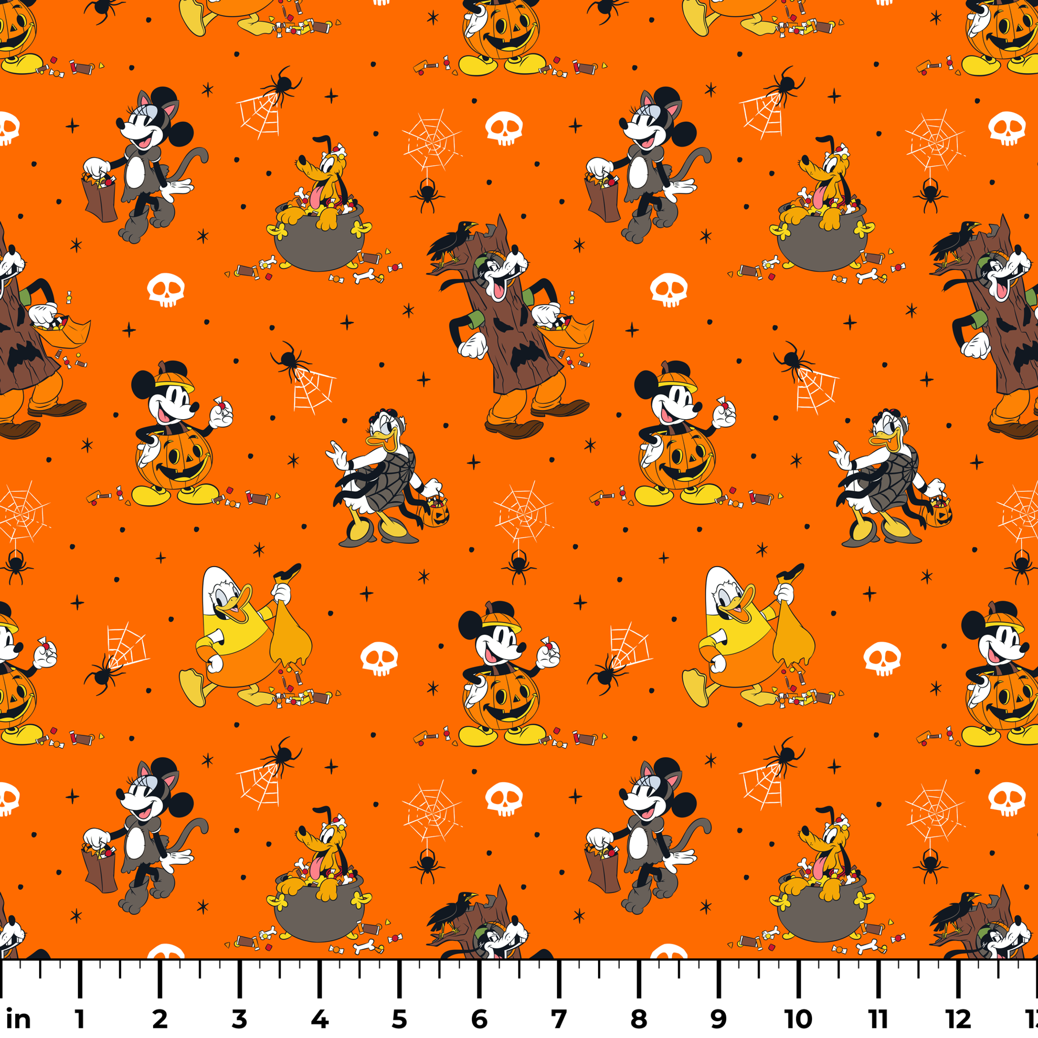 Halloween-themed orange pattern with Disney characters in costumes, spiderwebs, and skulls ruler