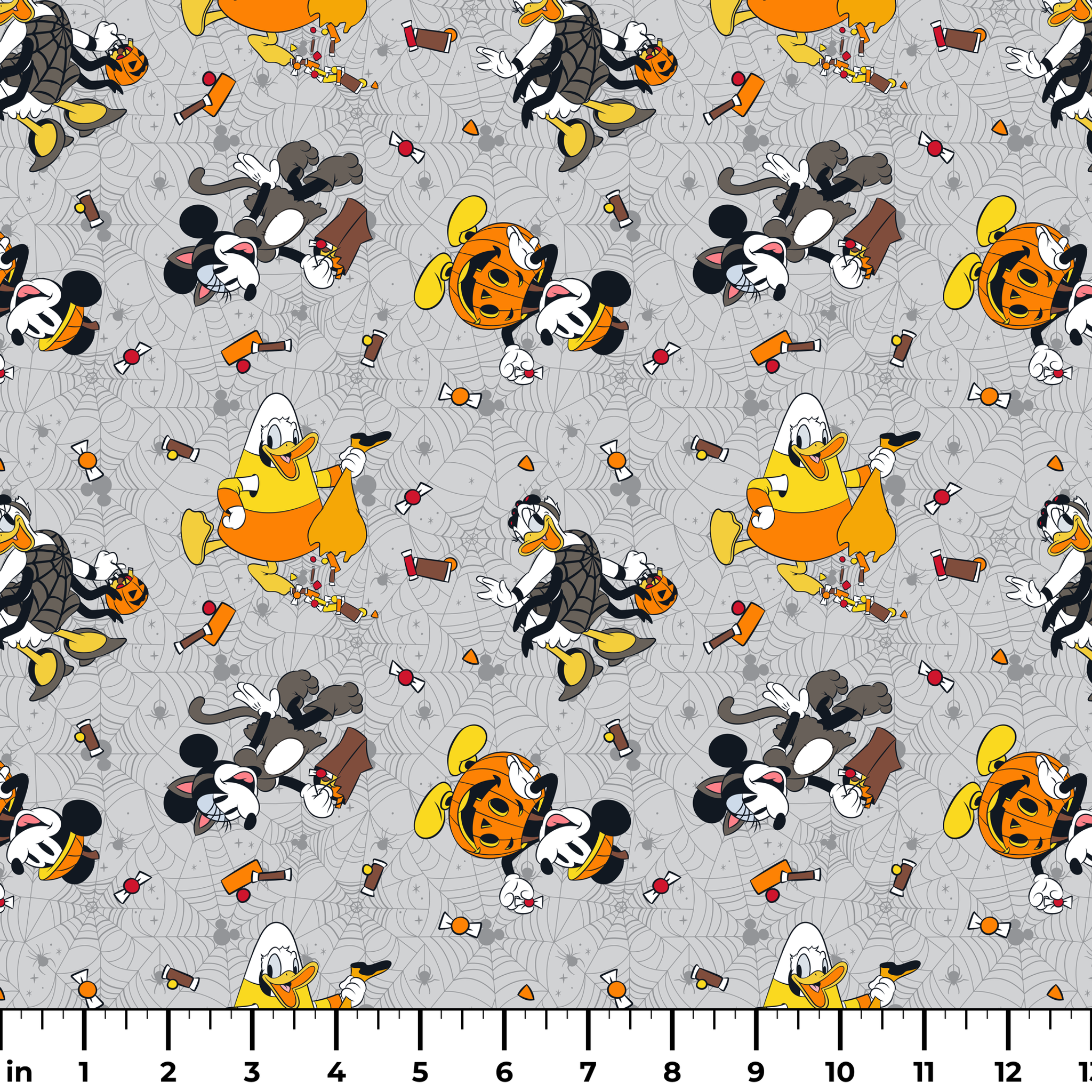 Disney characters on gray spider web pattern with candy corn scattered throughout, Halloween themed design. ruler