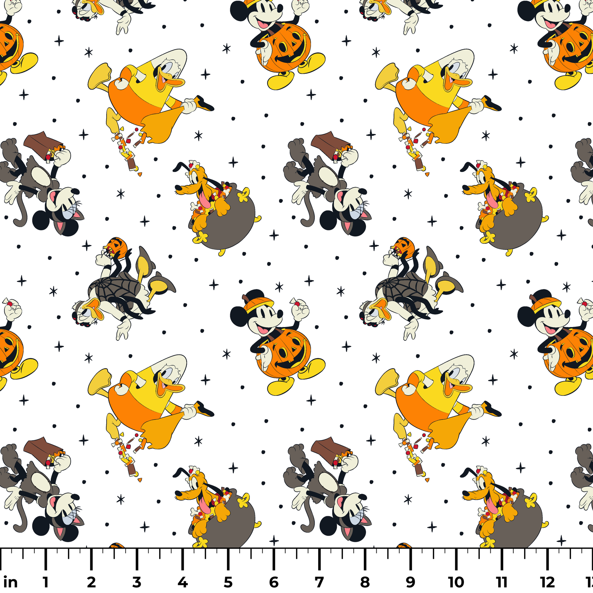 Disney characters in Halloween costumes on white background with stars - Mickey, Pluto, and friends in festive attire ruler