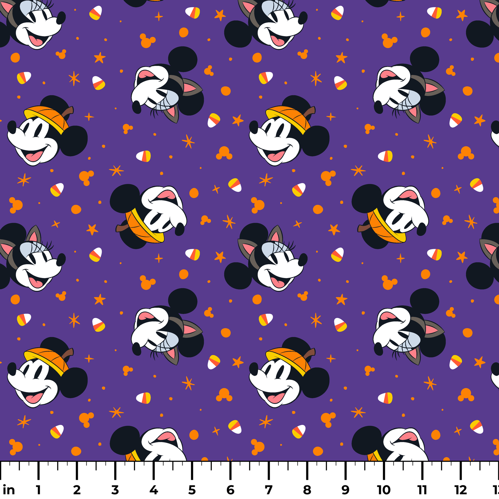 Mickey Mouse Halloween pattern with candy corn and stars on purple background ruler
