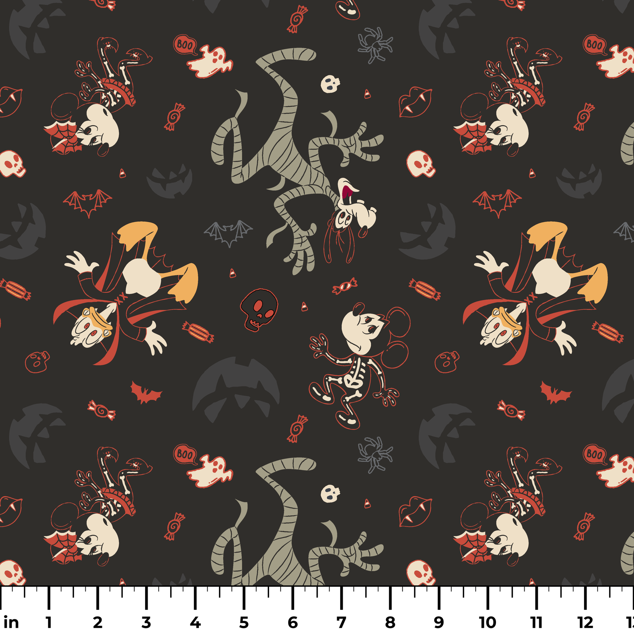 Disney Halloween pattern with Mickey & friends and candy on dark background ruler