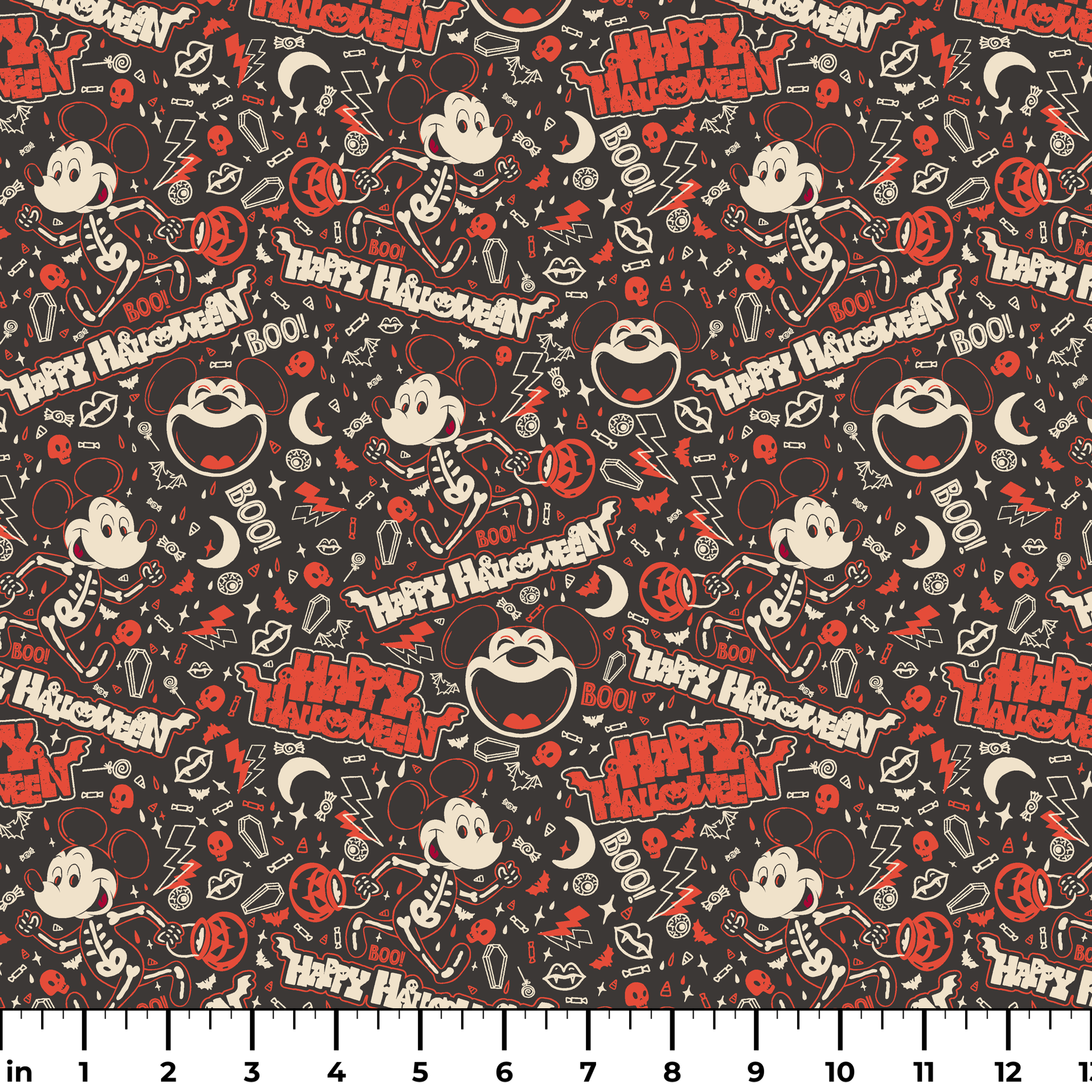 Mickey Mouse Halloween pattern with bats, pumpkins, and "Happy Halloween" text on dark background ruler