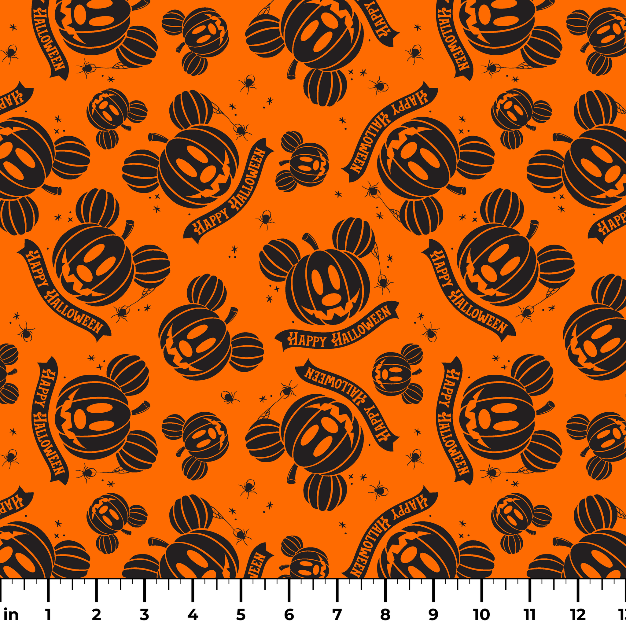 Halloween pattern with Disney-inspired jack-o'-lantern pumpkins and "Happy Halloween" text on bright orange background ruler