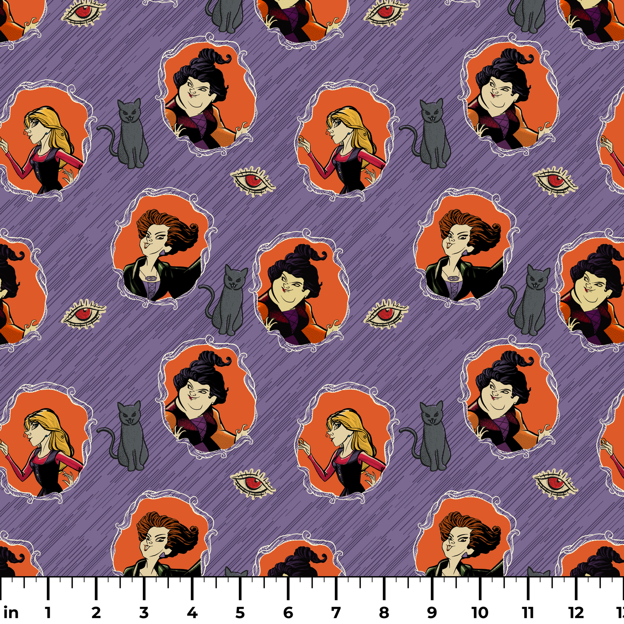 Purple background pattern with illustrated cartoon characters, black cats, and eye symbols in orange circular frames ruler
