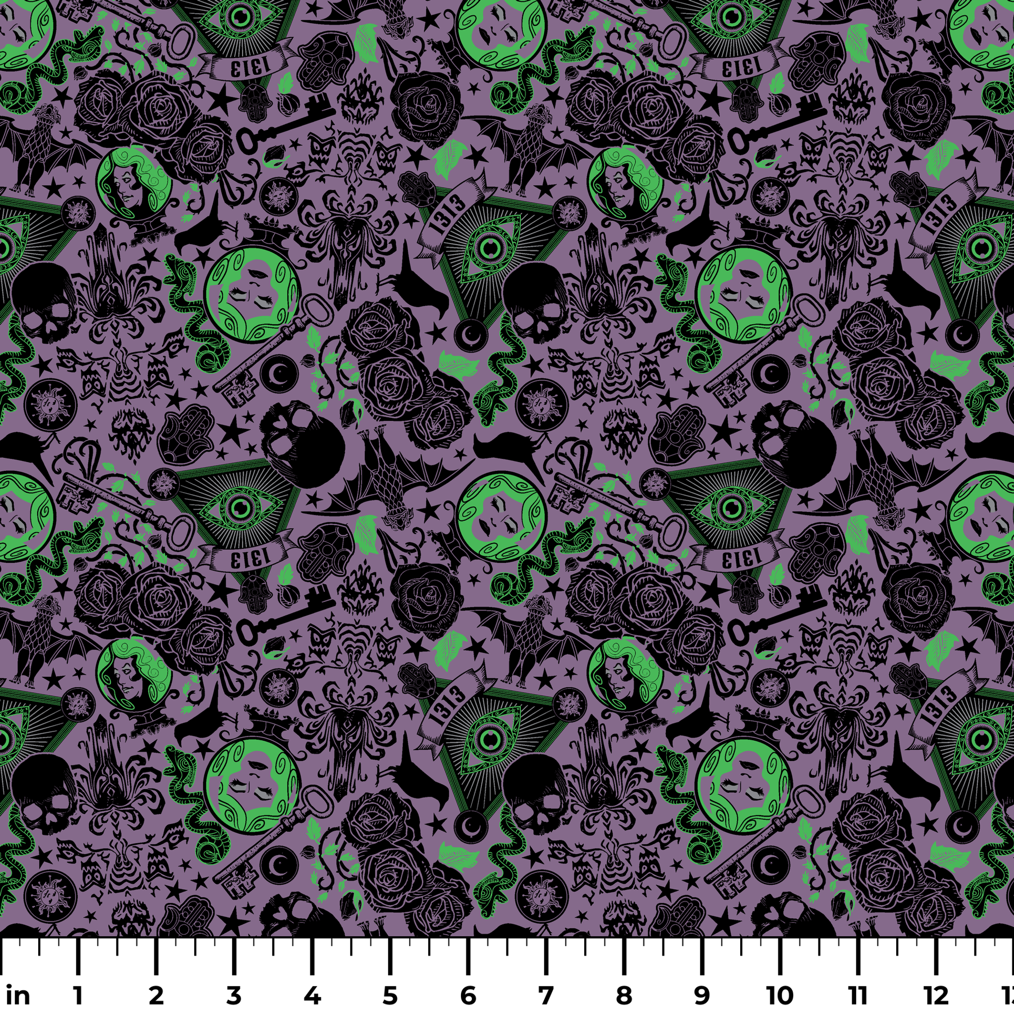 A dark purple background with gothic imagery in black and neon green featuring mystical elements including roses, celestial symbols, eyes, hands, and ornate decorative patterns. ruler
