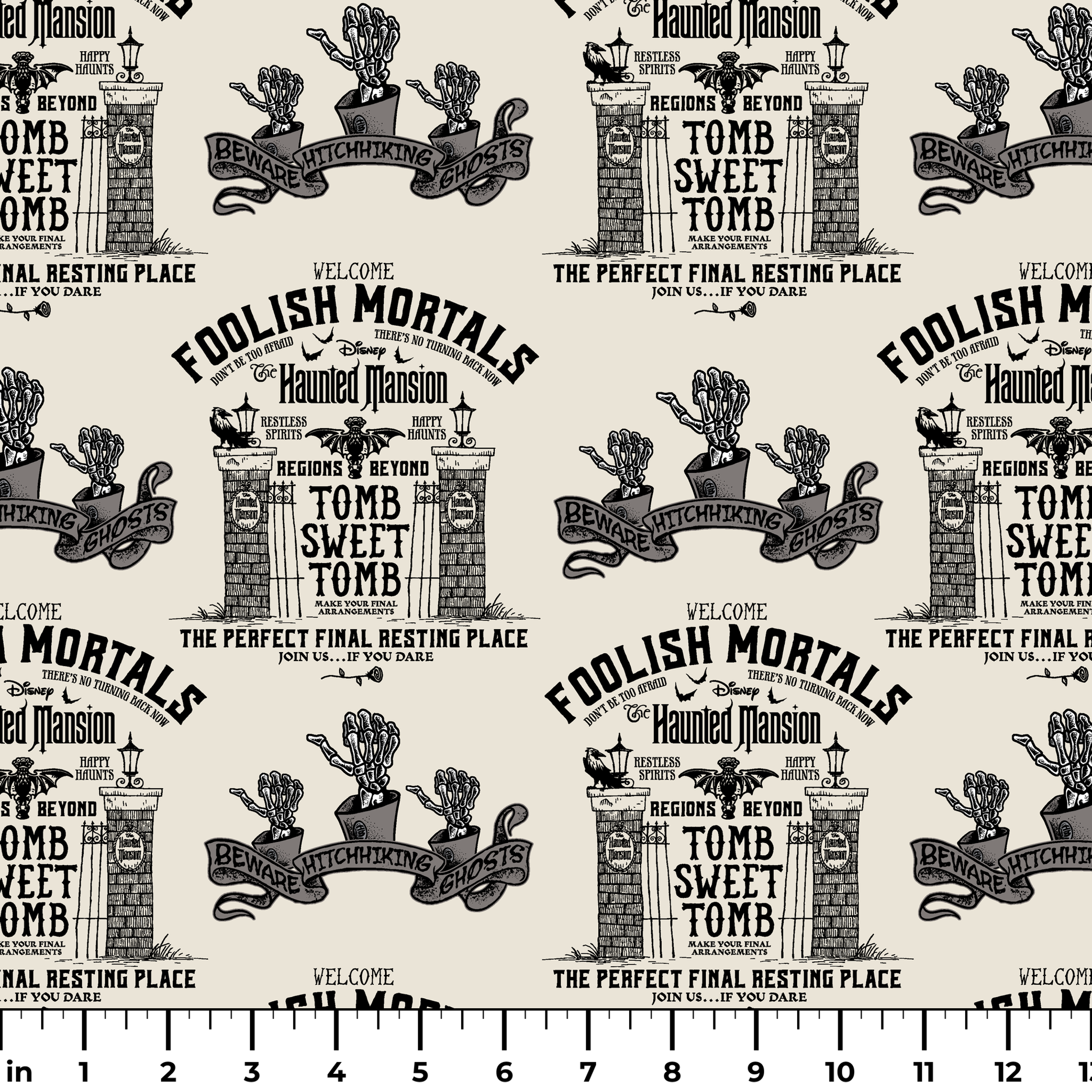 Repeating pattern of "Foolish Mortals" Haunted Mansion signage with ornate tomb designs in vintage black and cream style ruler