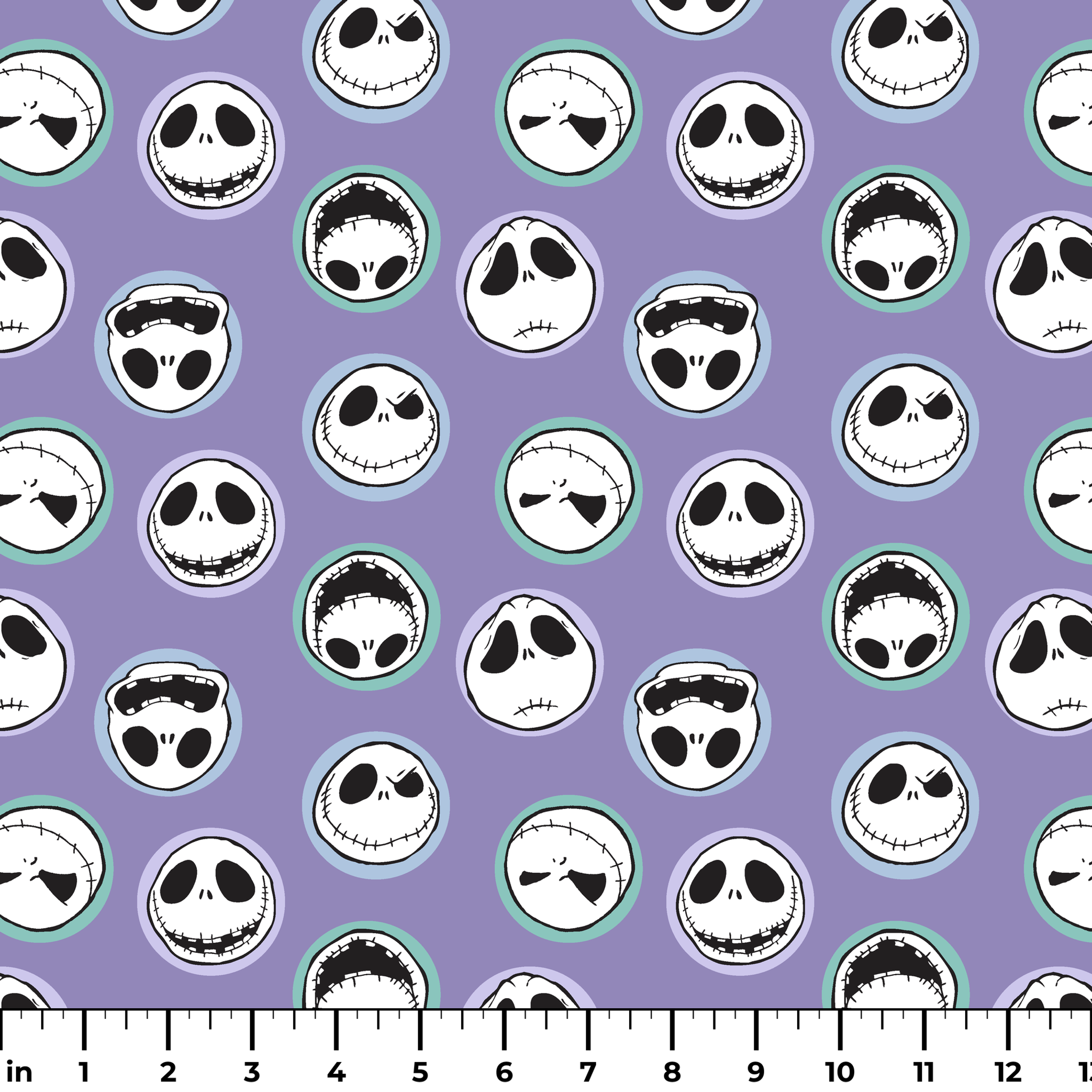 Repeating skull faces with stitched mouths and large eyes on purple background in cartoon style ruler