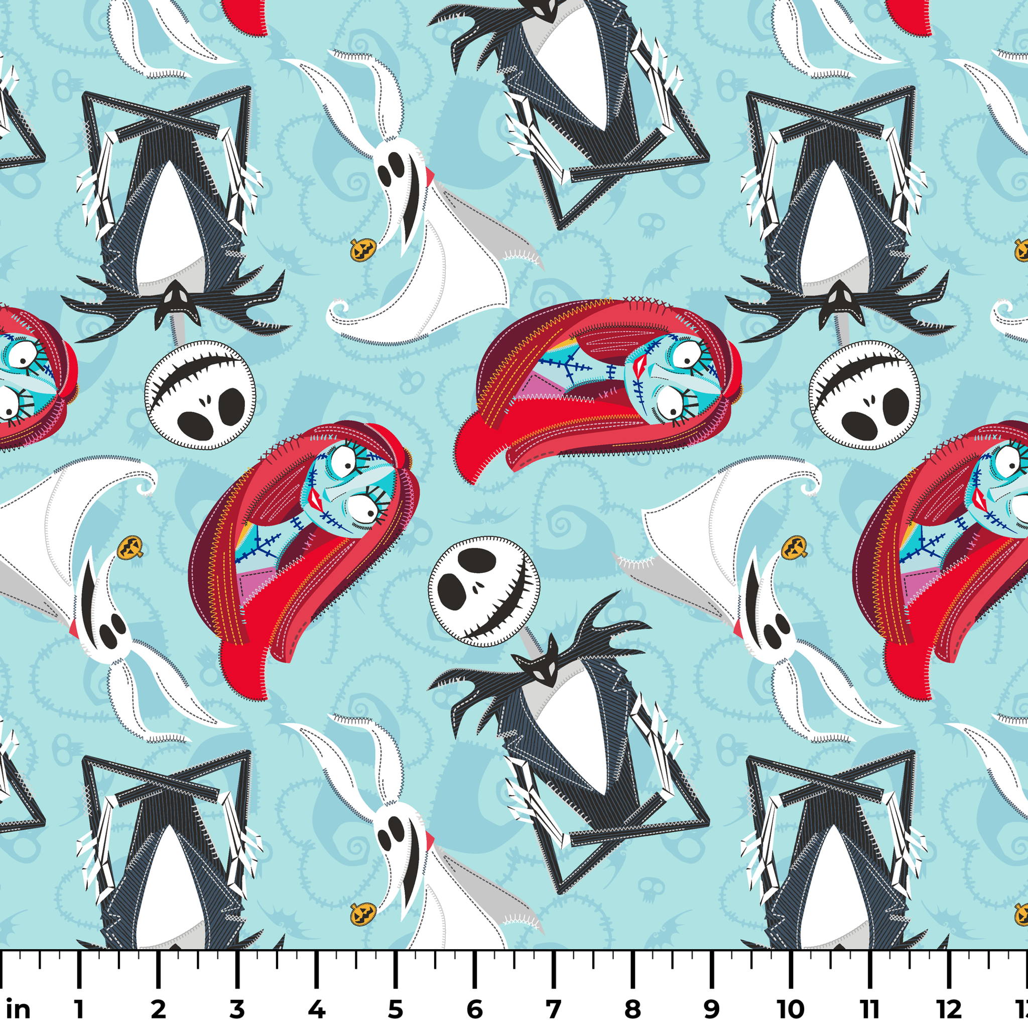 Nightmare Before Christmas pattern with Jack Skellington, Zero ghost dog, and coffin shapes on light blue background ruler