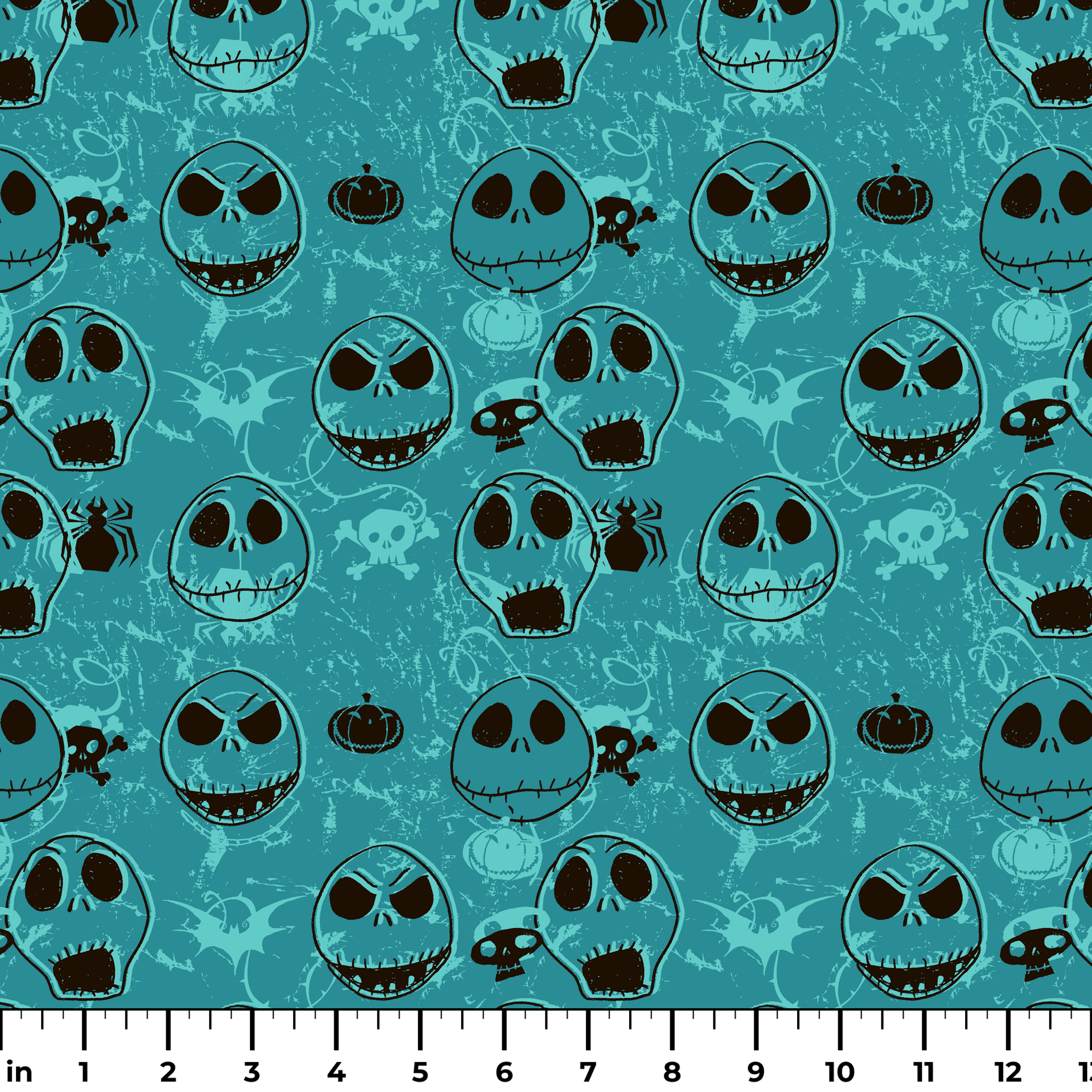 Teal pattern of cartoon skull faces with different expressions, Halloween elements like pumpkins and spiders ruler