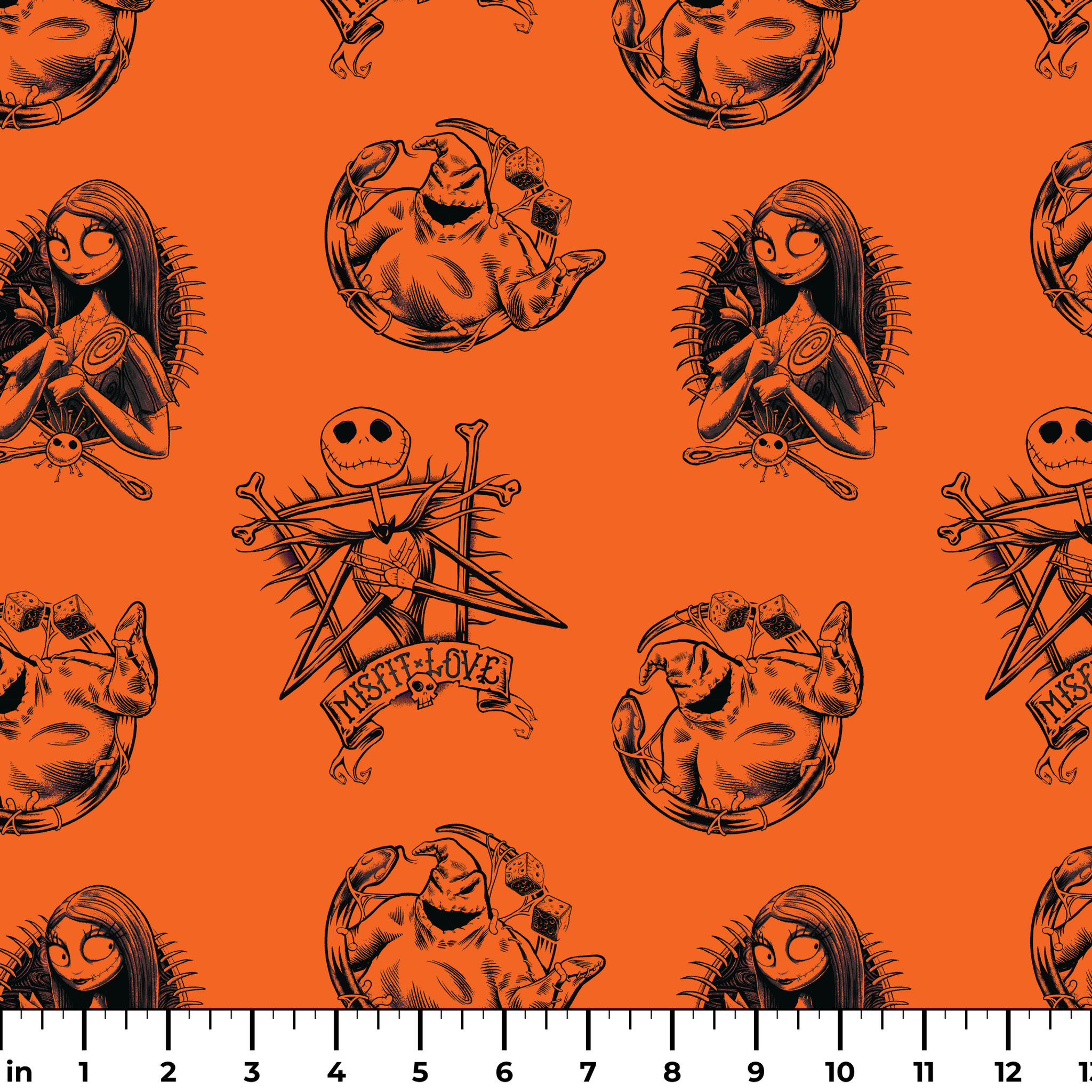 Halloween-themed pattern with spooky characters including Jack Skellington on bright orange background ruler